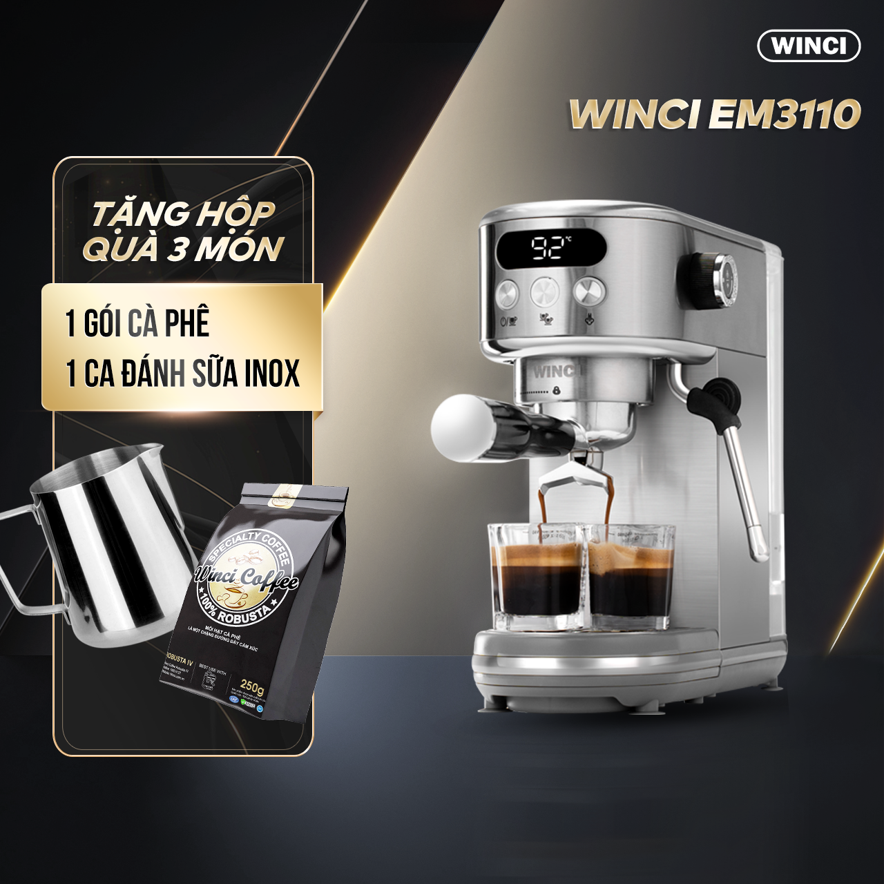 Máy pha cà phê Espresso, Capuchino, Latte Winci EM3110, bảo hành 12 tháng