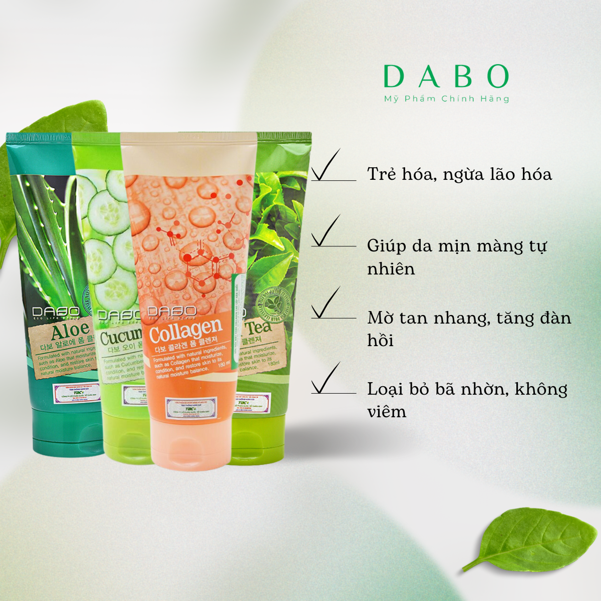 Sữa rửa mặt DABO tinh chất Dưa leo/ Trà xanh/ Lô hội/ Collagen 180ml