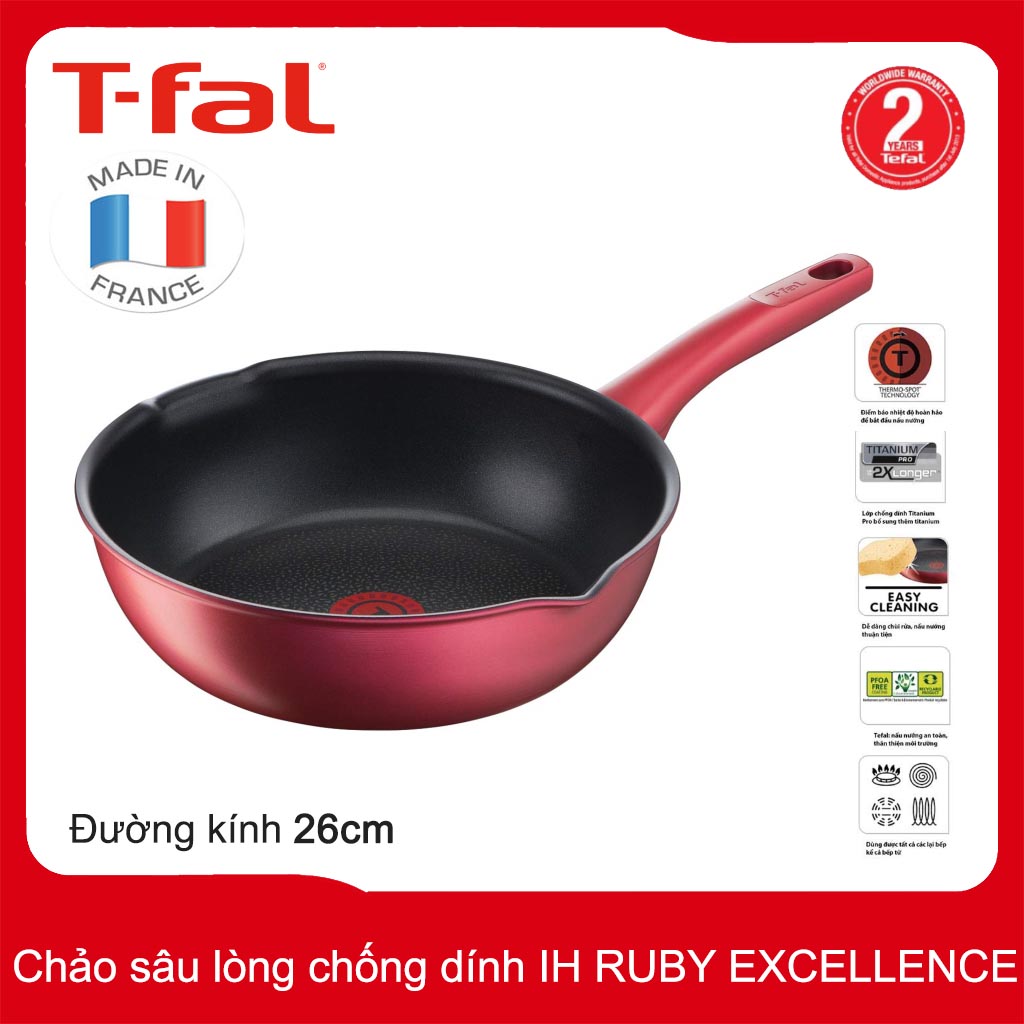 Chảo chống dính sâu lòng t-fal ih ruby excellence g13677 đường kính 26cm có miệng rót - made in france - sãn xuất cho thị trường nhật bản