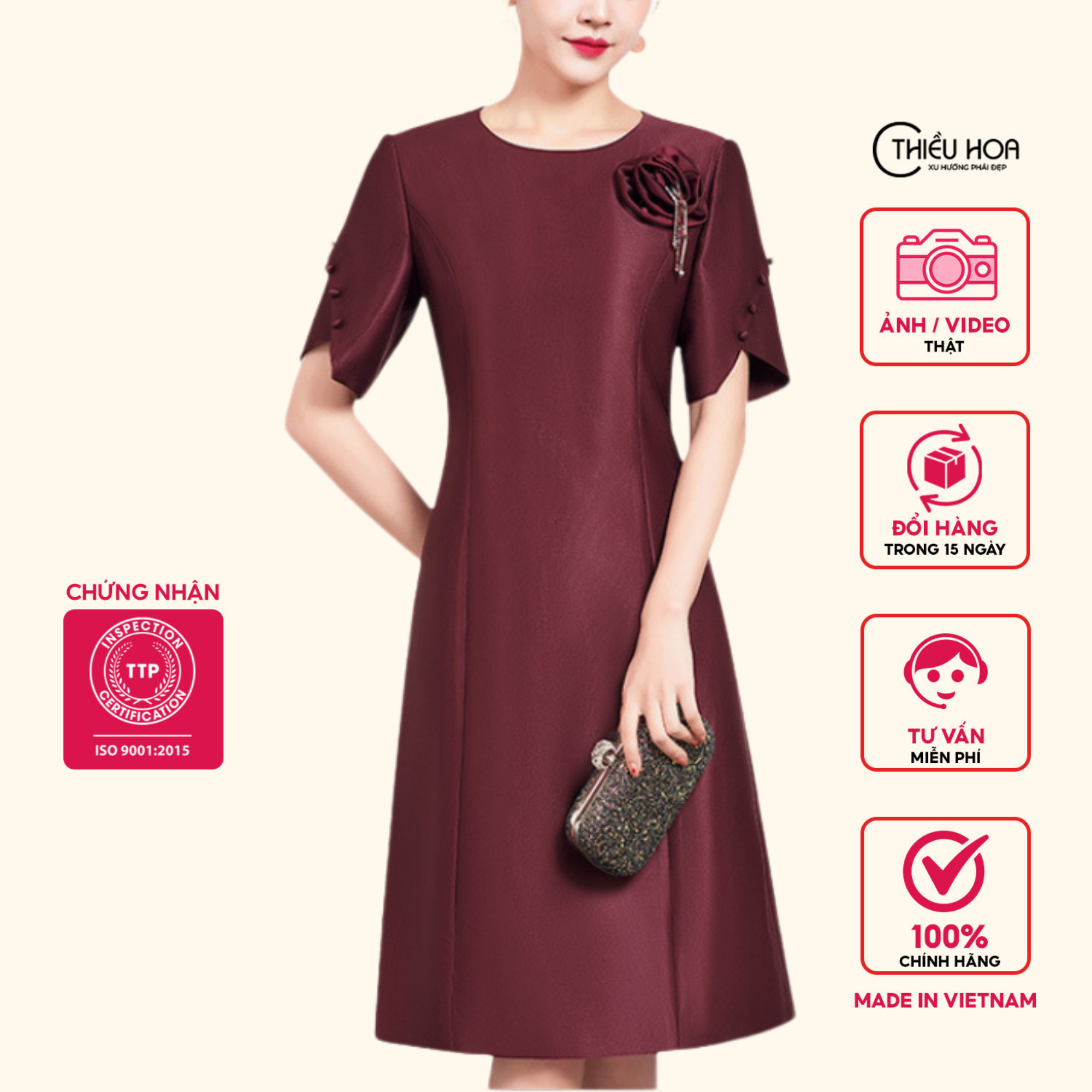  Đầm nữ trung niên chất liệu lụa cao cấp dáng suông sang trọng cực dễ mặc D0203 Thời trang Thiều Hoa 