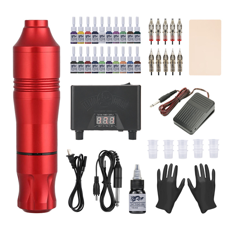 Máy xăm Kit Động cơ Bút xăm Máy xăm chuyên nghiệp 20 sắc tố Kim Bộ Nguồn cung cấp hình xăm Hình xăm Mực xăm Màu sắc Hình xăm Nguồn cung cấp lâu dài, Tốt cho Hình xăm Máy xăm màu đỏ
