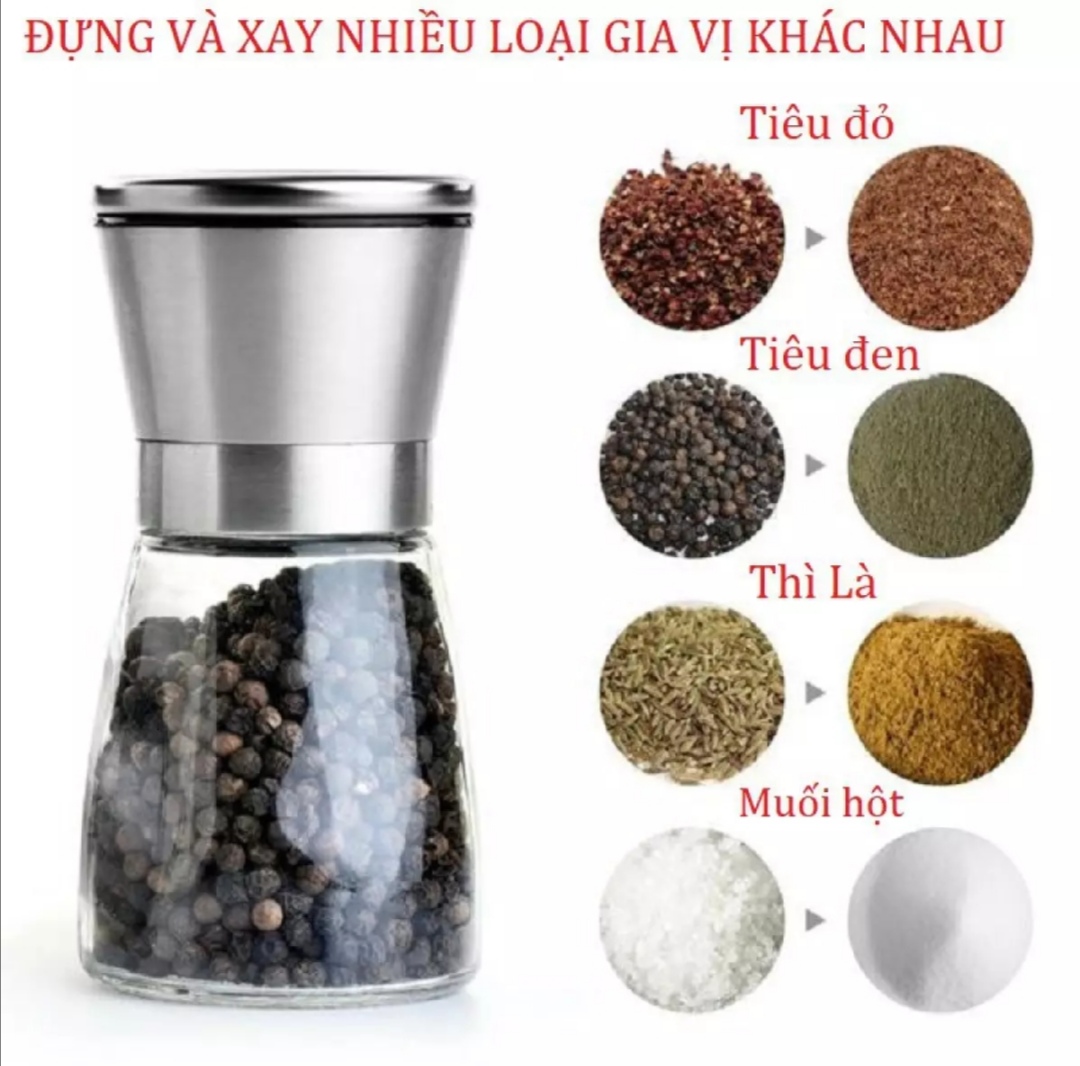 Lọ xay hạt tiêu. Bình xay hạt tiêu. Kích thước 13,5 x 6,5cm. Dung tích 150ml. Thủy tinh, INOX (MI22)