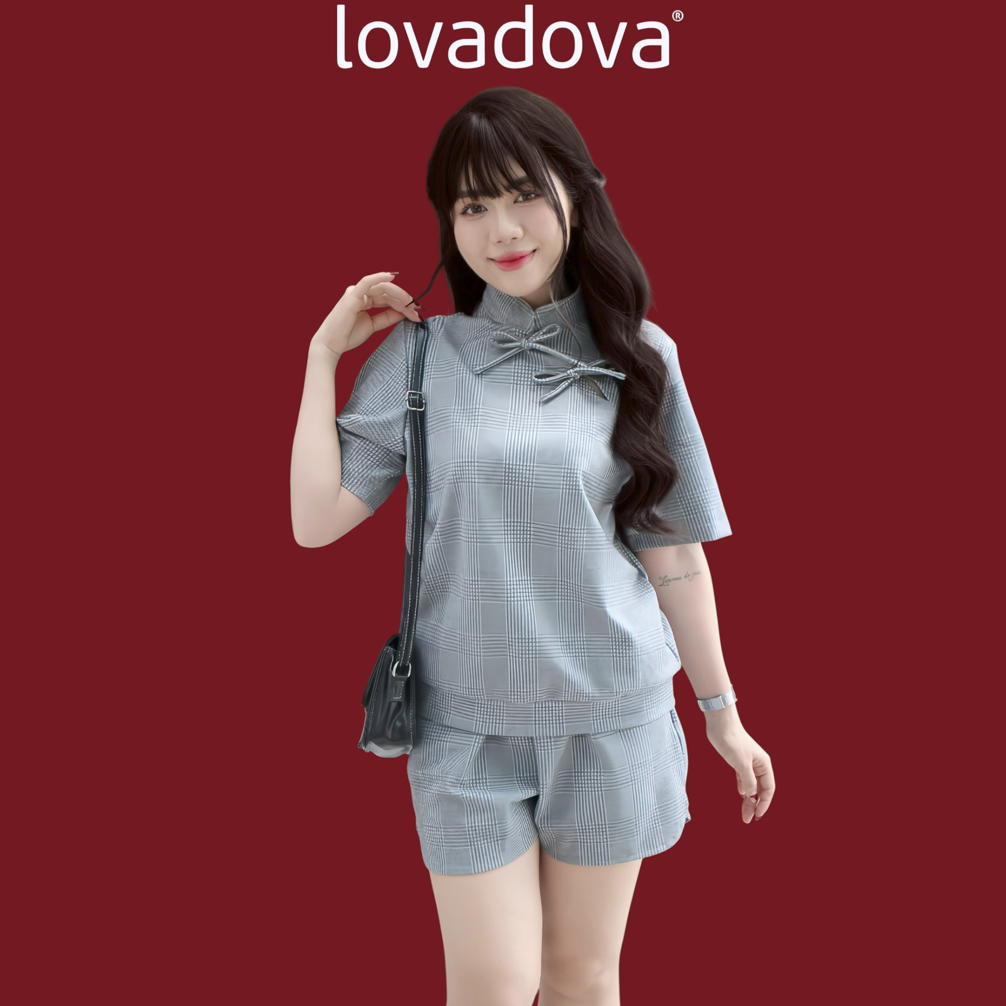 Bộ set áo sườn xám phối quần ngắn có túi màu xám lông chuột HO1204 by Lovadova HO1204