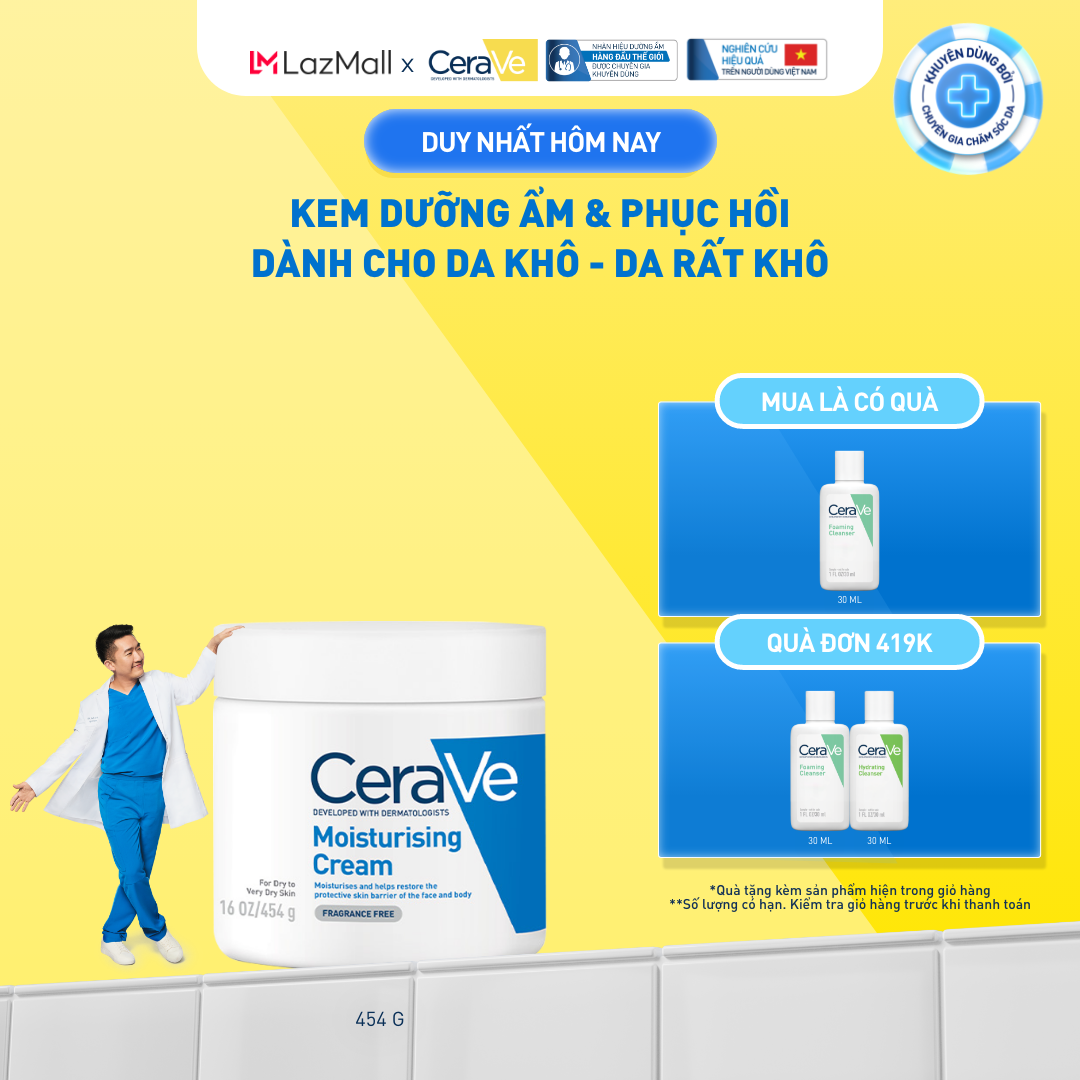 Kem dưỡng ẩm phục hồi sâu và ẩm mịn suốt 48H dành cho da khô, duy trì hàng rào bảo vệ da CERAVE MOISTURISING CREAM 454G