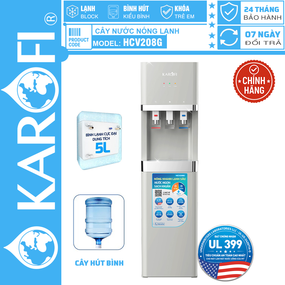 Cây nước nóng lạnh Karofi HCV208G, Cây Hút Bình, Làm Lạnh Block, Bảo Hành Chính Hãng 24 Tháng Tại Nhà