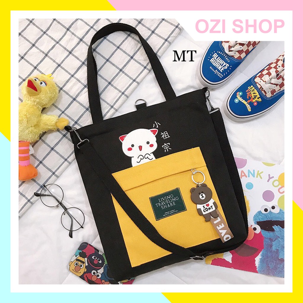 Túi tote vải canvas đeo 3 kiểu in hình dễ thương tặng kèm móc khóa hình gấu