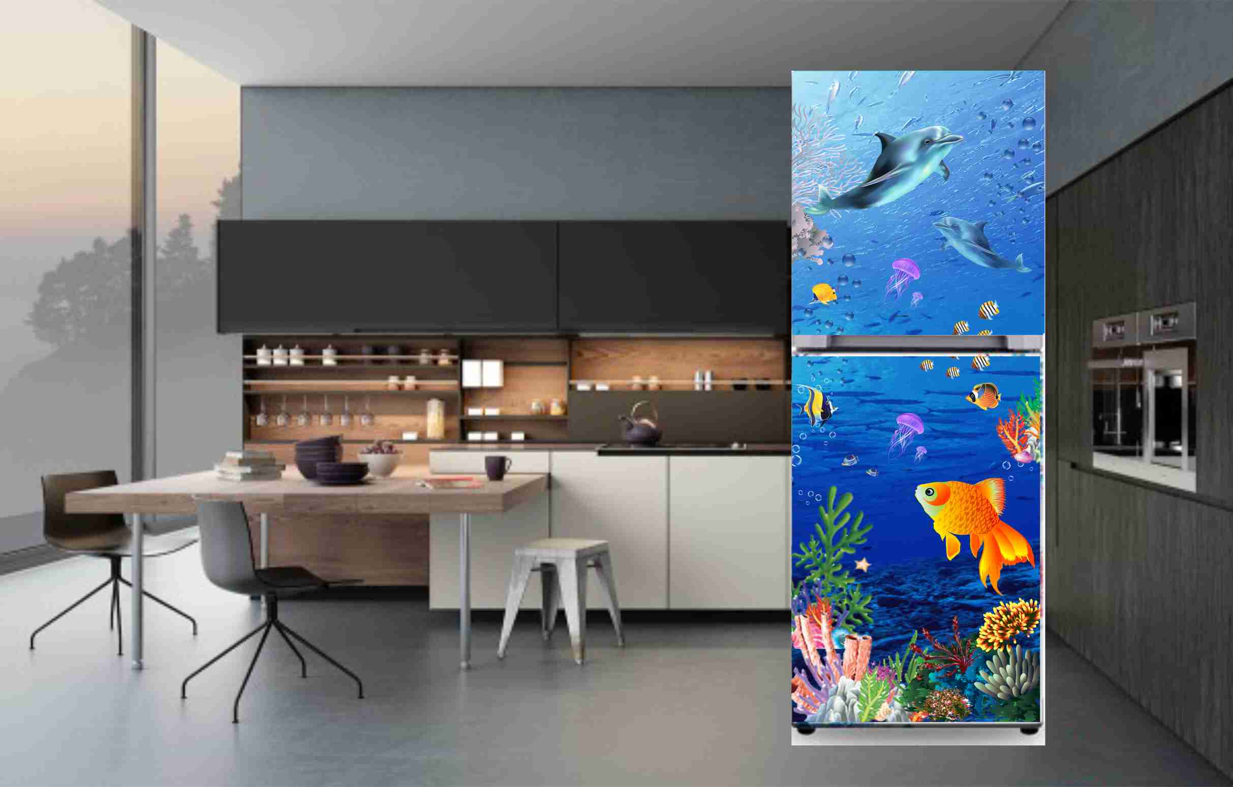 Miếng dán tủ lạnh 3D mẫu cá đại dương chất liệu decal cao cấp không thấm nước cực đẹp có kèm dao cắt và hướng dẫn dán