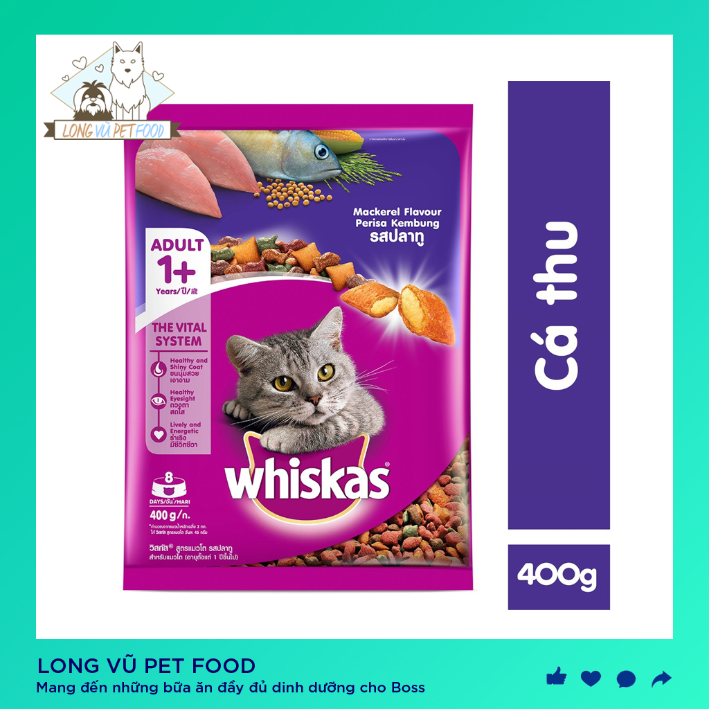 Thức ăn cho mèo trên 1 tuổi Whiskas vị cá thu túi 400g - Hạt cho mèo lớnWhiskas - Long Vũ Pet Food