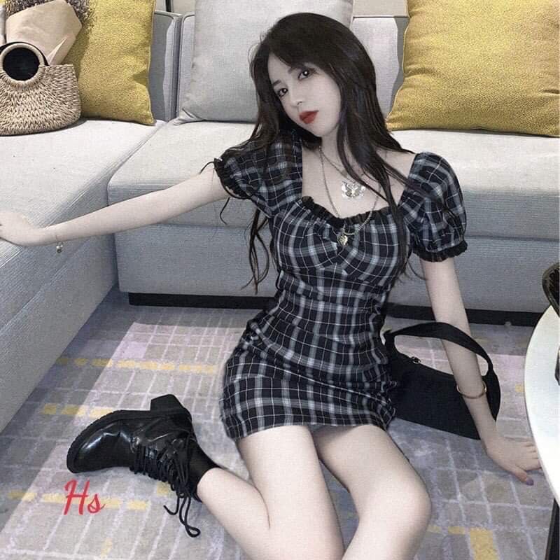 Váy karo viền bèo ngực tay hsu1