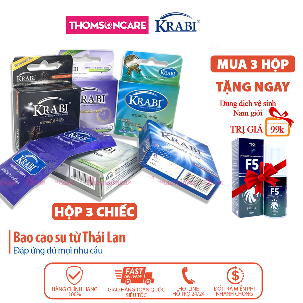 Bao cao su Thái Lan Krabi Hộp 3 chiếc bcs (mua 3 hộp trở lên tặng 1 ddvs f5) siêu mỏng, kéo dài, có gân gai - condom
