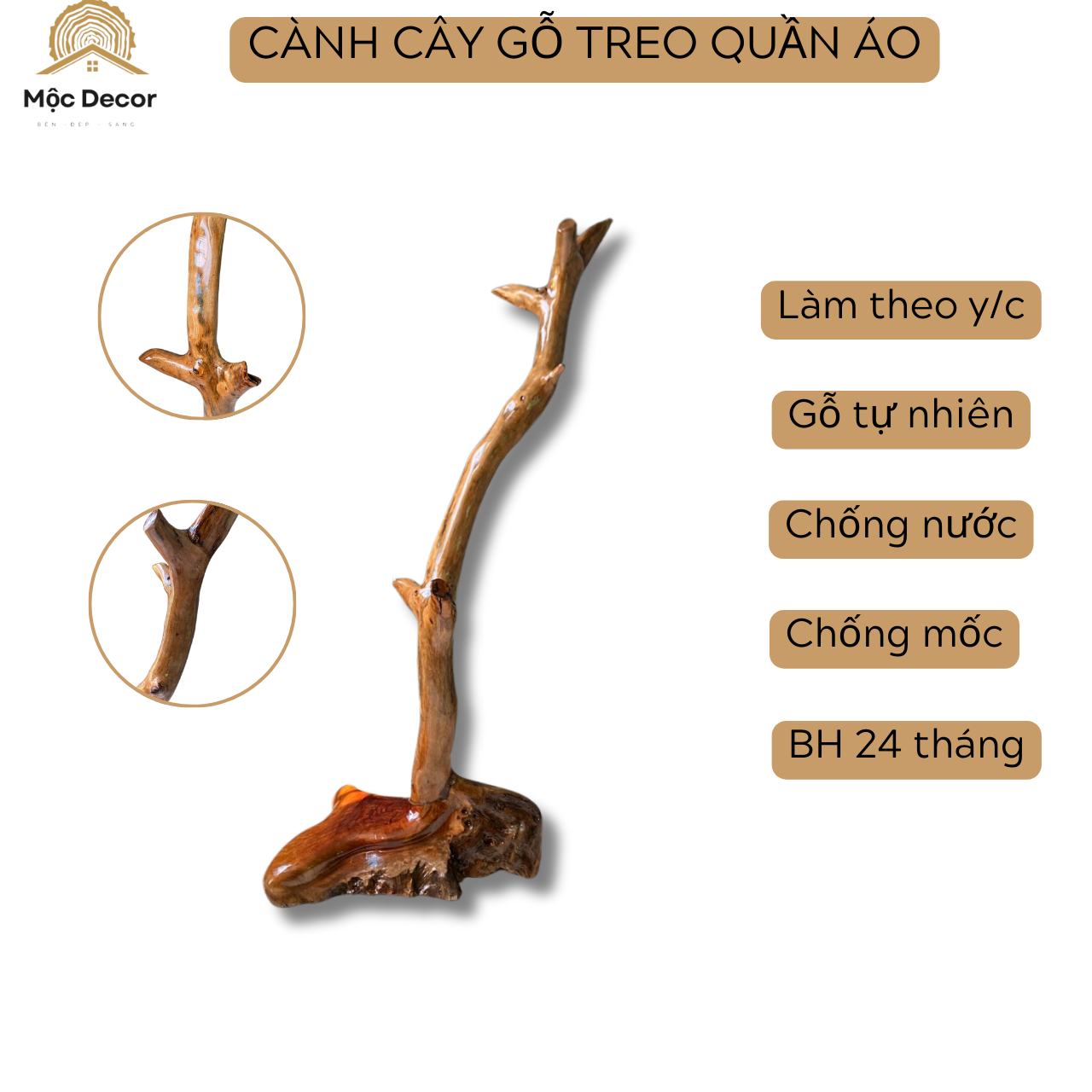 Cây treo quần áo, móc treo túi xách từ thân cây gỗ tự nhiên