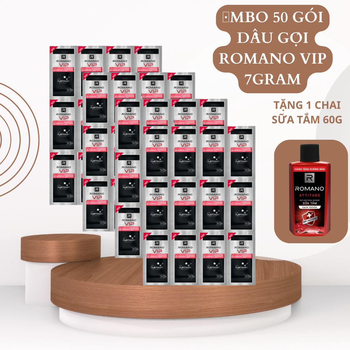 Set 50 gói dầu gội Romano + tặng 1 chai dầu gội 5in1 60g (màu ngẫu nhiên)