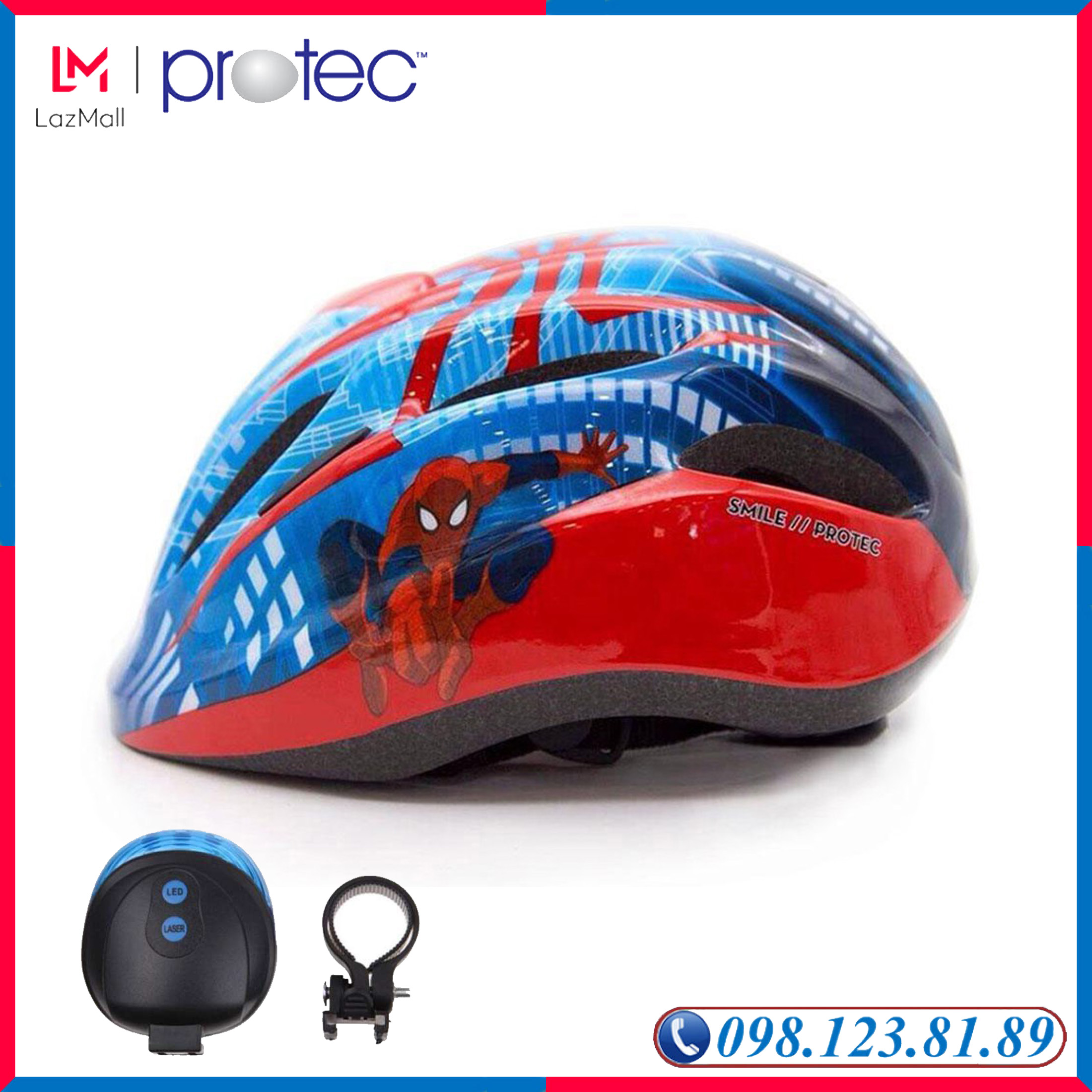 Combo Mũ Bảo Hiểm Xe Đạp Trẻ Em Protec SMILE + Đèn Chiếu Hậu Laser Xe Đạp Dành Cho Bé Trai Từ 2 Đến 12 Tuổi Họa Tiết Người Nhện Mạnh Mẽ, Đẹp Mắt - PROTEC HELMET