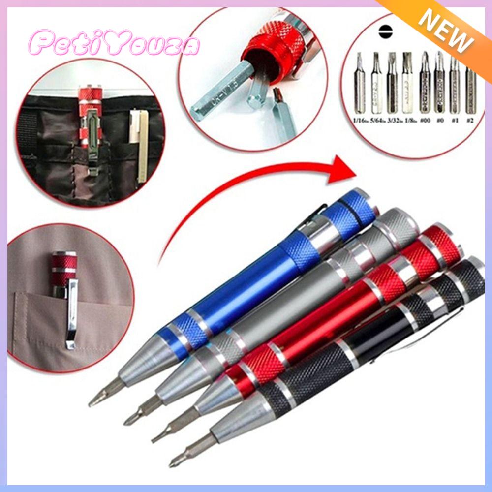 Petiyouza bút tuốc nơ vít dụng cụ sửa chữa tuốc nơ vít chính xác Bộ dụng cụ cầm tay mini 8 trong 1 bút bút công cụ đa năng bằng hợp kim nhôm