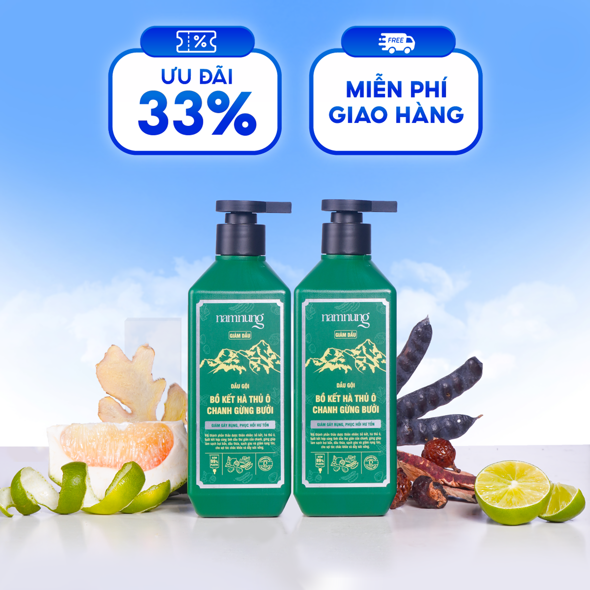 Combo 2 chai dầu gội thảo dược nam nung giảm rụng, phục hồi tóc hư tổn 500ml bản kiềm dầu