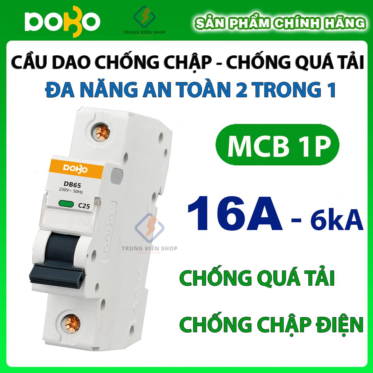 [HÀNG CHÍNH HÃNG] Cầu Dao Tự Động 1P 1 Tép 16A  MCB DOBO KOREA - siêu nhạy 6kA  (Aptomat tự động bảo vệ quá tải - chống chập cháy - Hàng Tốt)- Bảo hành 12 tháng đổi mới.