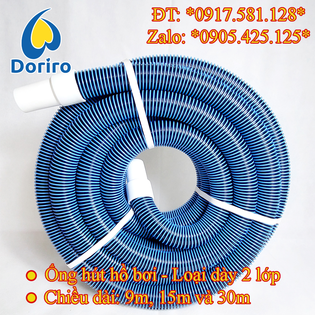 Ống hút nước hồ bơi 9 mét – Loại dày 2 lớp, màu xanh đậm và đen từng khoanh tròn. Ống mềm hút nước hồ bơi chuyên dụng.
