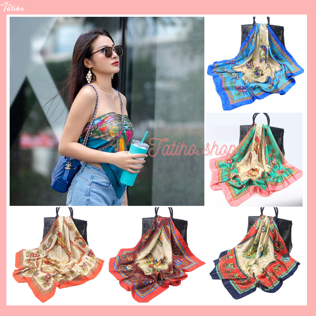 [HCM]Khăn Turban Vuông (Khăn Làm Áo) Yếm Quàng Đầu Hotrend Hình Xe Ngựa - Chất Liệu Satin - 90x90cm - Mã KL057