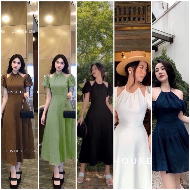 Đầm cổ yếm 2 màu đen trắng hot trend mặc tết