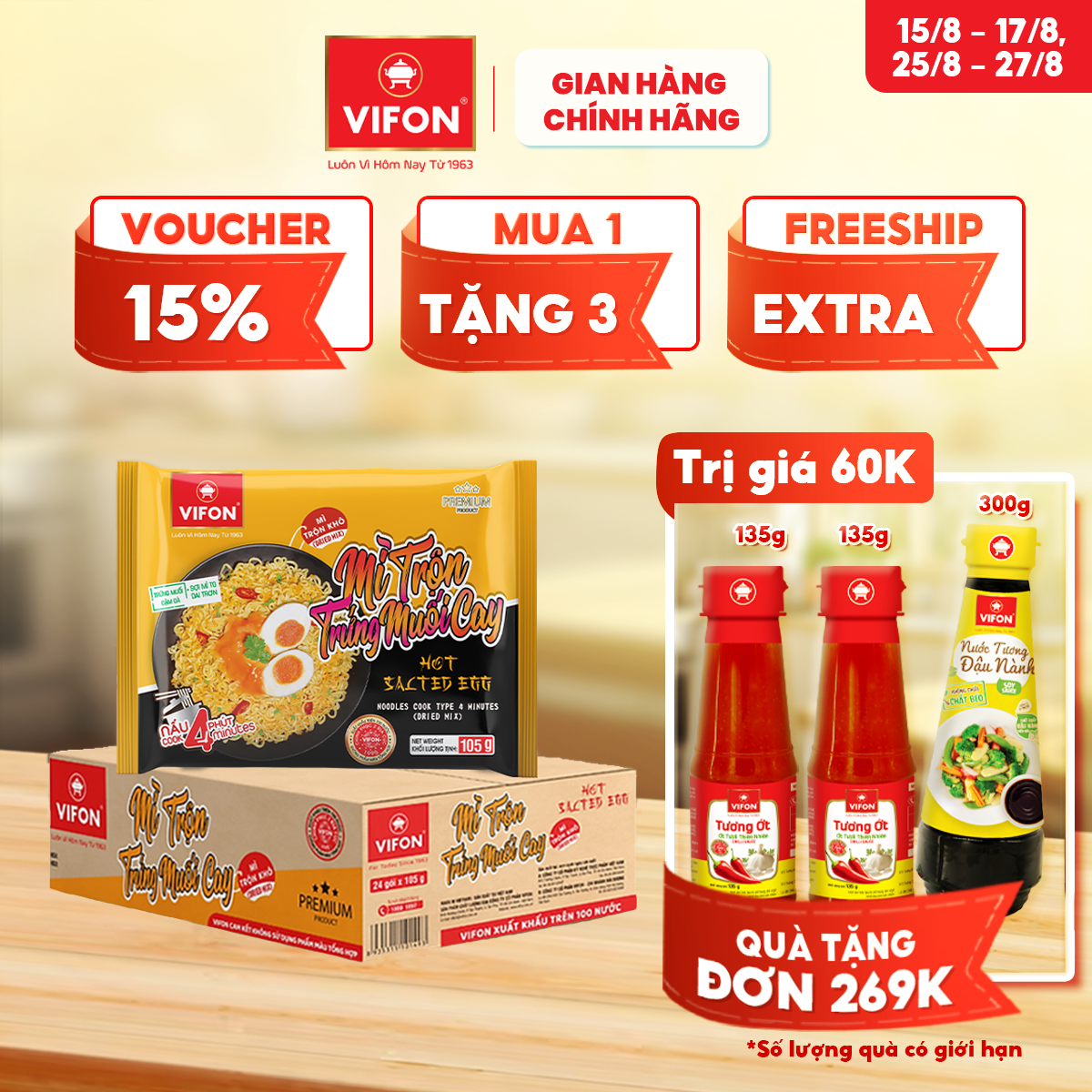 [VOUCHER đến 80K]-Thùng 24 gói Mì Trộn Trứng Muối Cay VIFON 105g/ Gói
