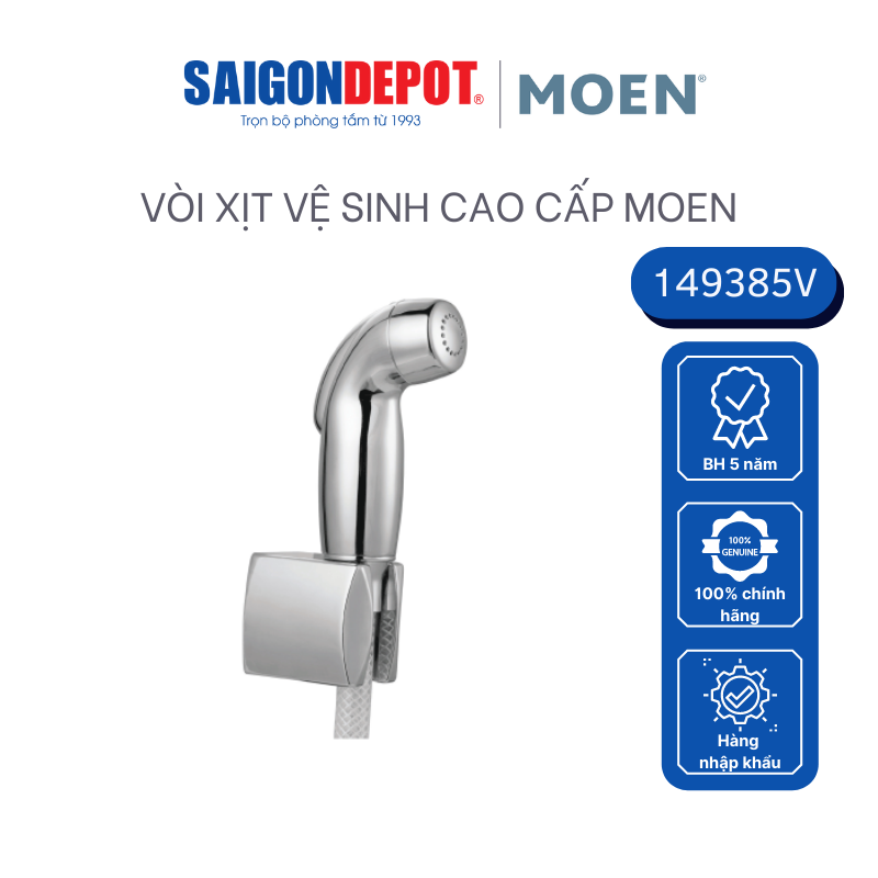 Vòi Xịt Vệ Sinh Cao Cấp MOEN - SaigonDepot 149385V vòi xịt phụ trắng bạc mạ chrome cao cấp, tiết kiệm nước, đạt chất lượng an toàn, tăng áp
