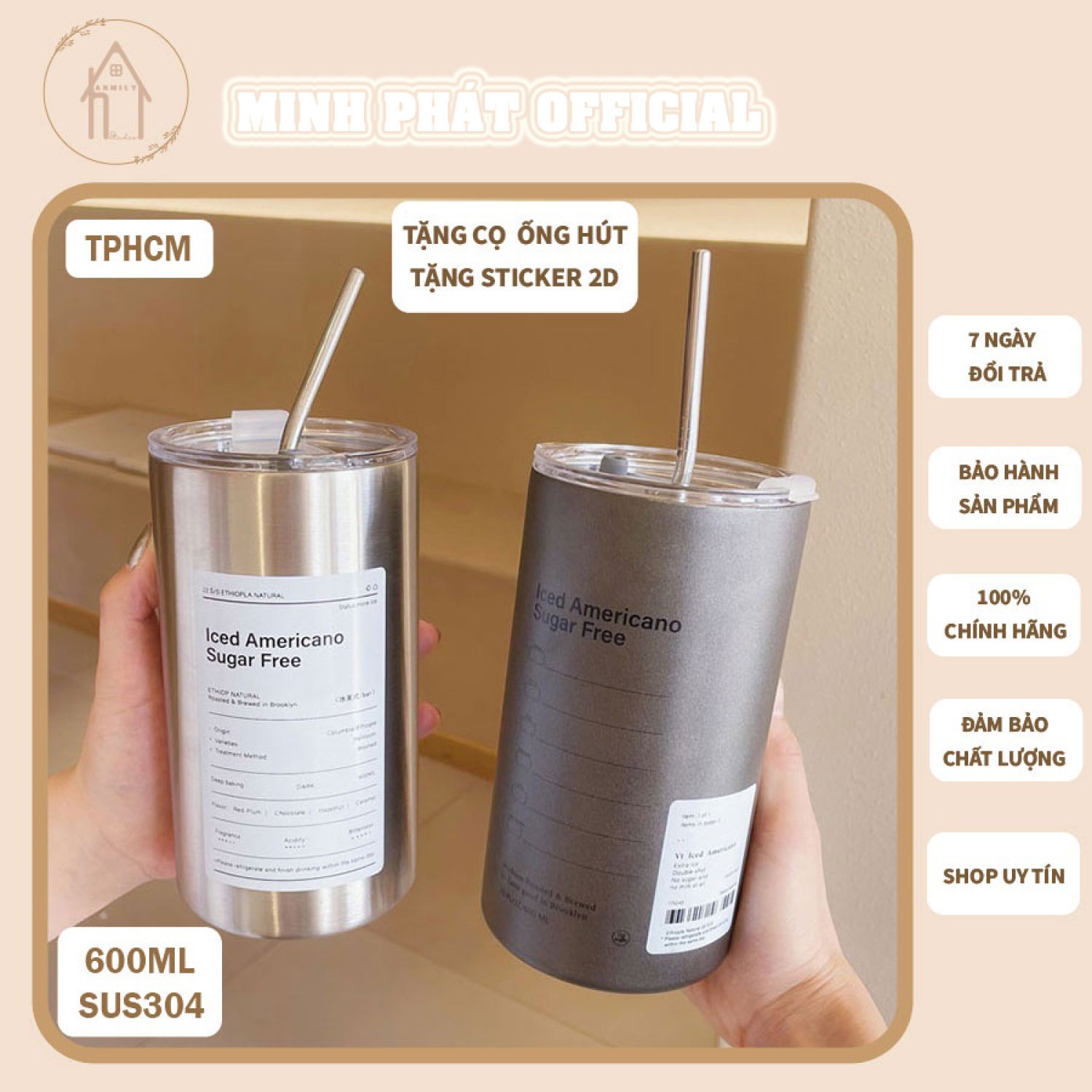 Ly giữ nhiệt Iced dung tích 300ml & 600ml, inox 304 đúc có nắp đậy gioăng silicon chống tràn tặng kèm ống hút - cốc giữ nhiệt ly giữ nhiệt bình nước giữ nhiệt binh nước giữ nhiệt bình giữ nhiệt giữ nhiệt ca giữ nhiệt