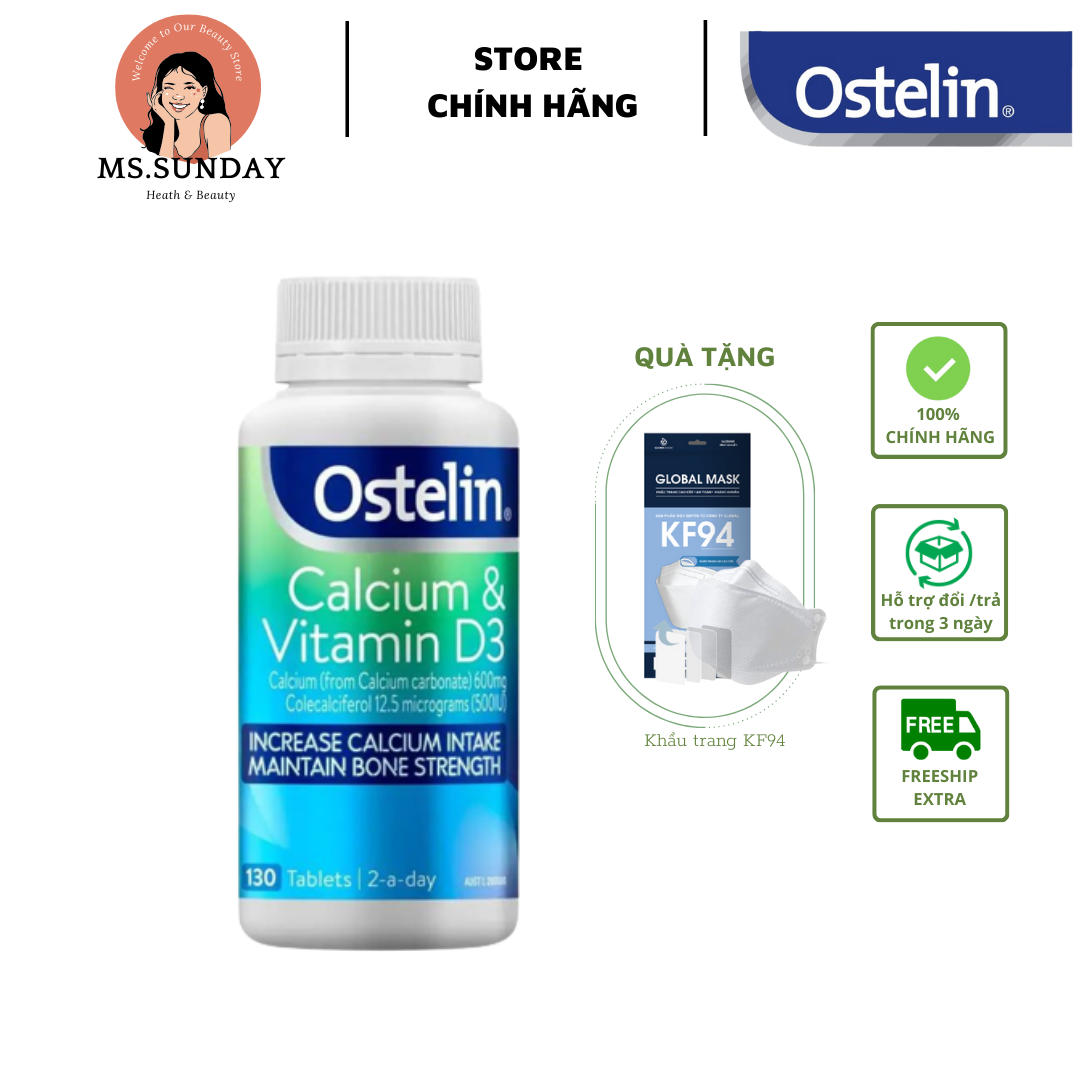 Viên uống bổ sung Canxi và vitamin D3 cho mẹ bầu Ostelin Calcium & Vitamin D3 For Strong Bones 130 viên