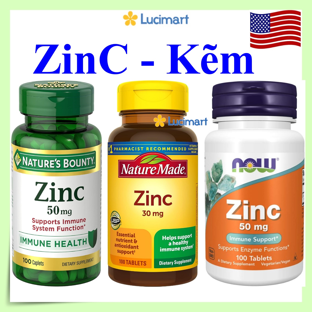 Viên uống bổ sung Kẽm Zinc 50mg hũ 100 viên, 400 viên [Hàng Mỹ]