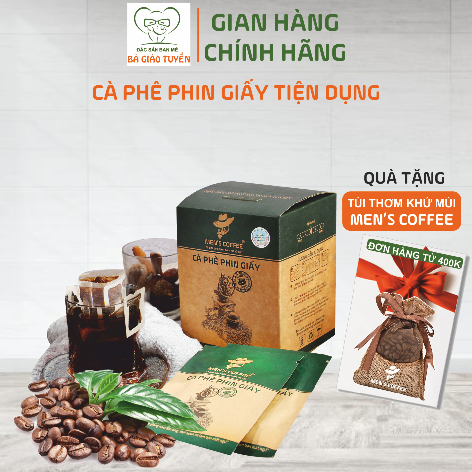 Cà phê phin giấy men's coffee thượng hạng vị nhẹ nhàng, ít đắng, ngọt hậu, mùi thơn quyến rũ, hộp 10 phin giấy