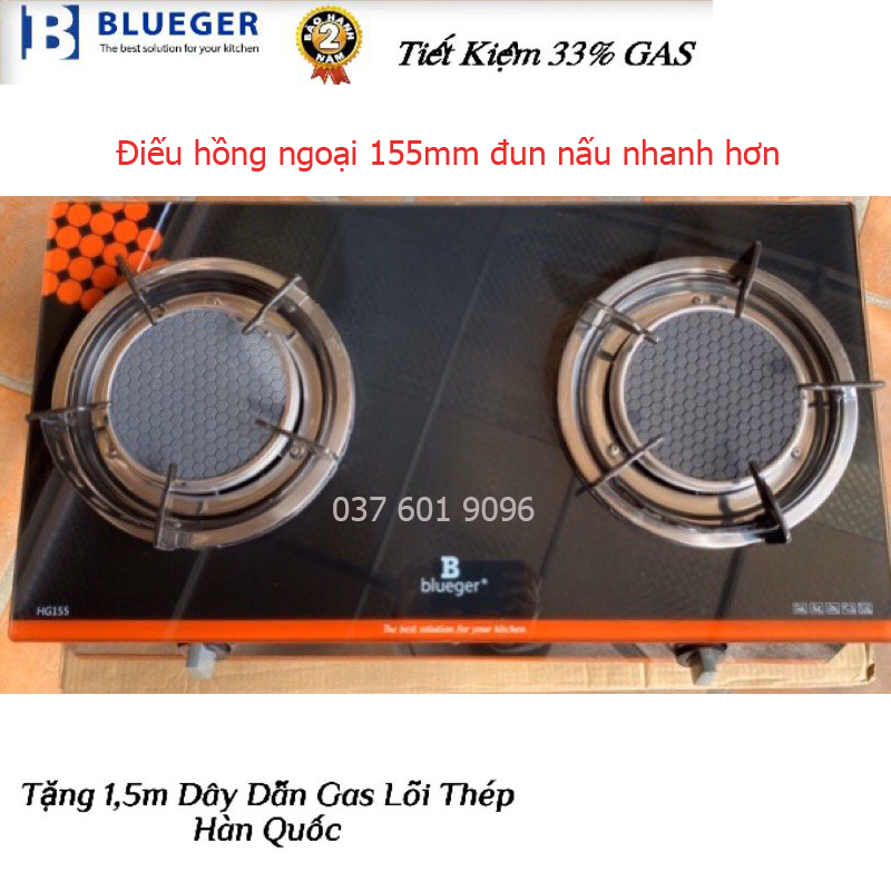 Bếp ga đôi kính hồng ngoại blueger 155.tiết kiệm 33% gas gió cỡ nào cũng nấu được
