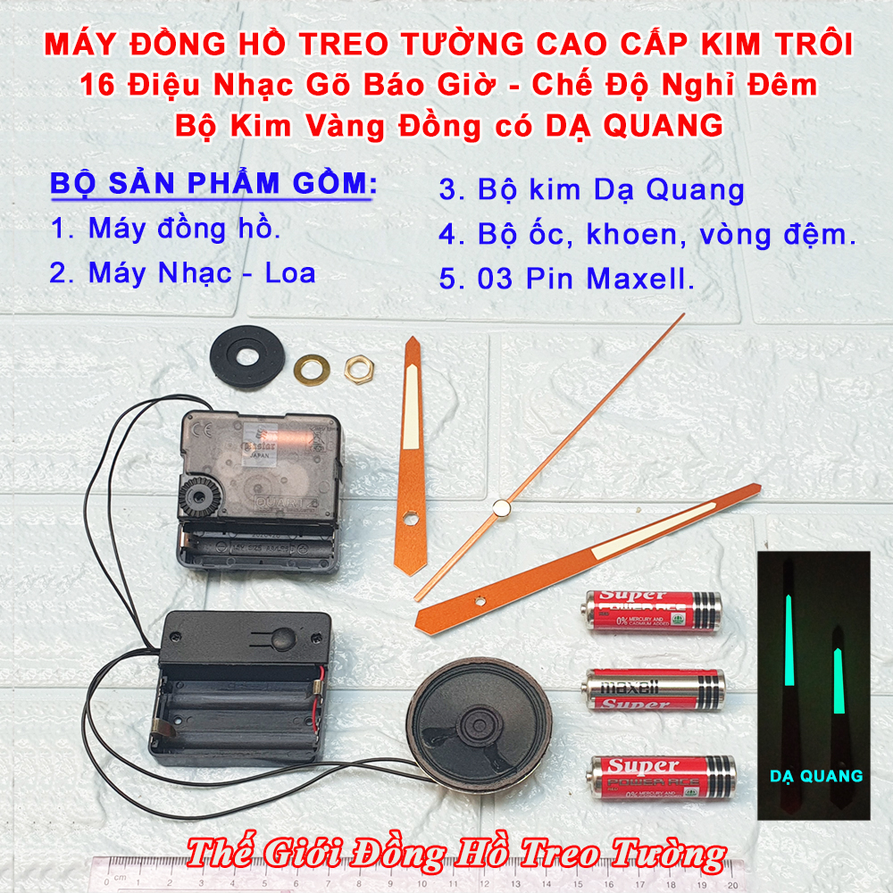 Máy nhạc chuông 16 điệu nhạc gõ báo giờ + máy đồng hồ kim trôi cao cấp eastar + bộ kim vàng đồng dạ quang – bảo hành 1 năm – tặng 03 pin maxell