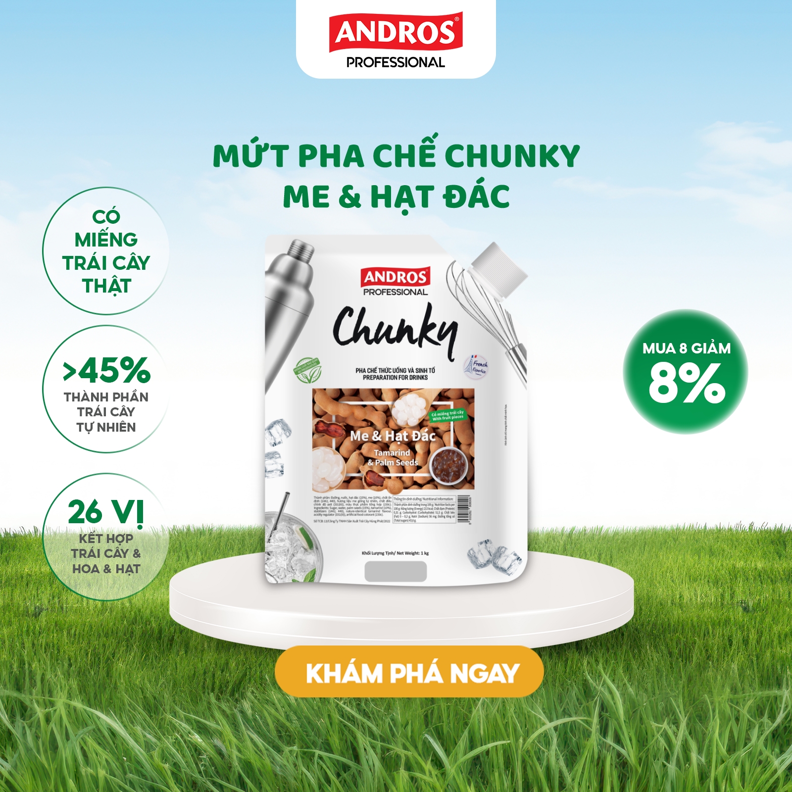 Mứt Pha Chế Me & Hạt Đác - Có Miếng Trái Cây Thật - Nguyên liệu pha chế - ANDROS CHUNKY - 1KG