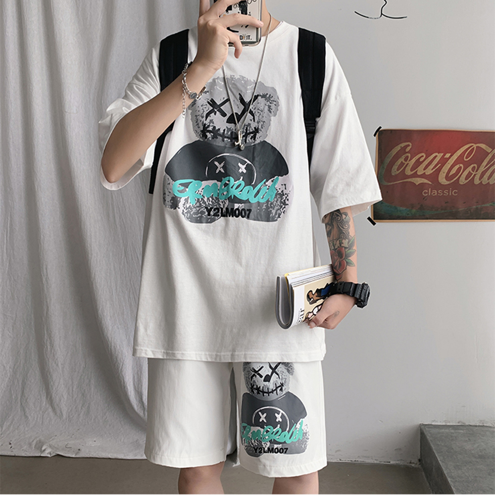 Bộ Quần Áo Thun Nam Áo Ngắn Tay Cổ Tròn IN Hình Gấu Đáng Yêu Kết Hợp Quần Shorts Trơn Có Túi Hot Trend 2021 Thời Trang SMARTLY GIRL SET NAM 90000163