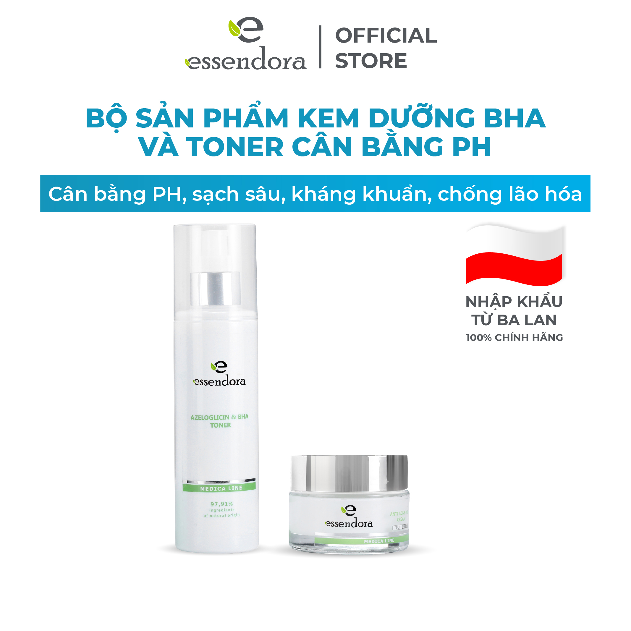 Bộ sản phẩm kem chống mụn BHA và toner cân bằng pH tối ưu giúp da sạch dầu và bã nhờn Essendora