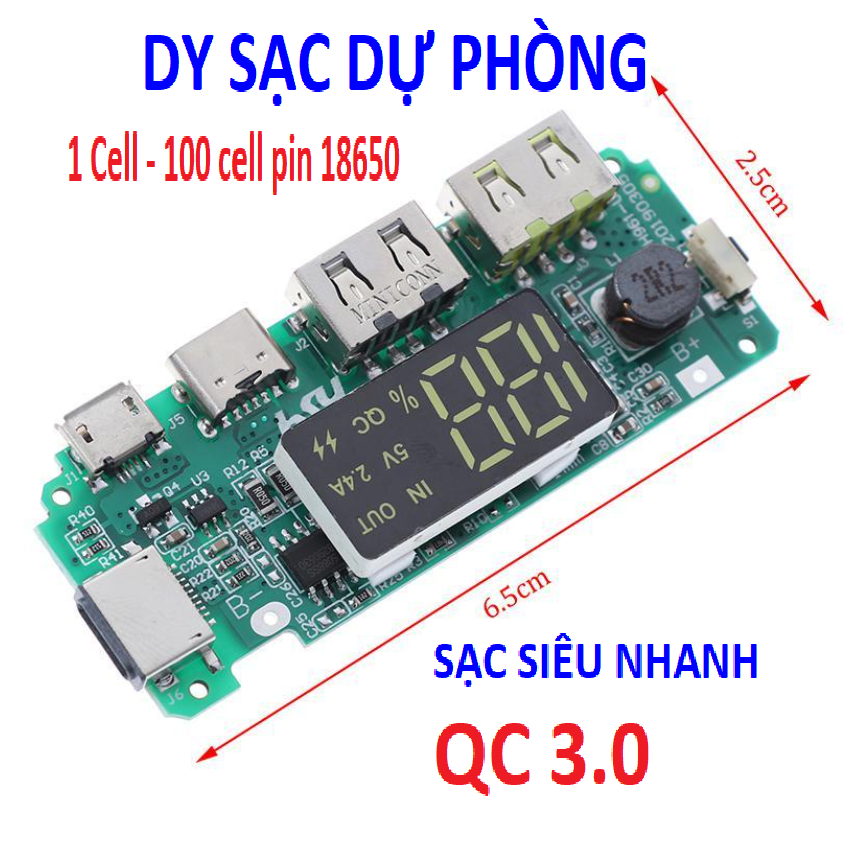 Mạch sạc dự phòng qc 3.0 víp. hiển thị lcd, nhiều cổng. mạch không giới hạn số lượng pin từ 1 - 100 cell 18650 -diy sạc dự phòng