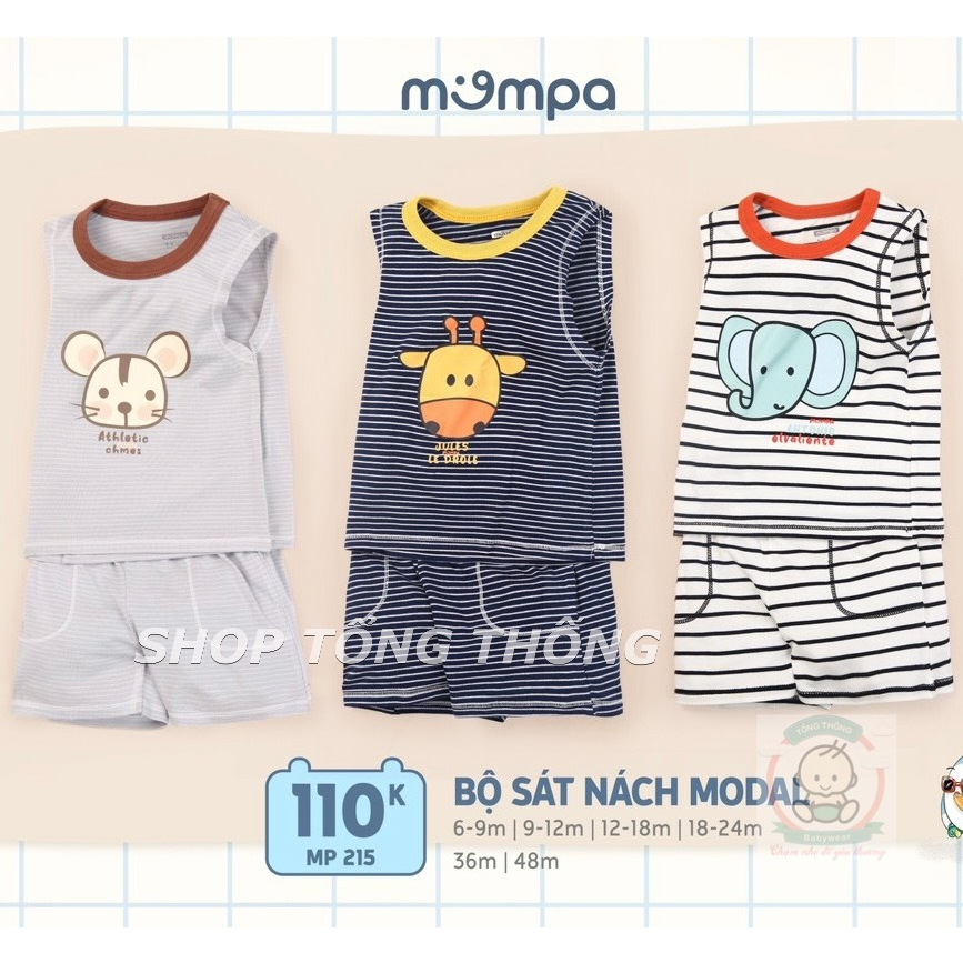 Bộ ba lỗ Mompa Modal cao cấp mềm mịn thoáng mát thấm hút tốt kẻ sọc in động vật cho bé trai bé gái MP215