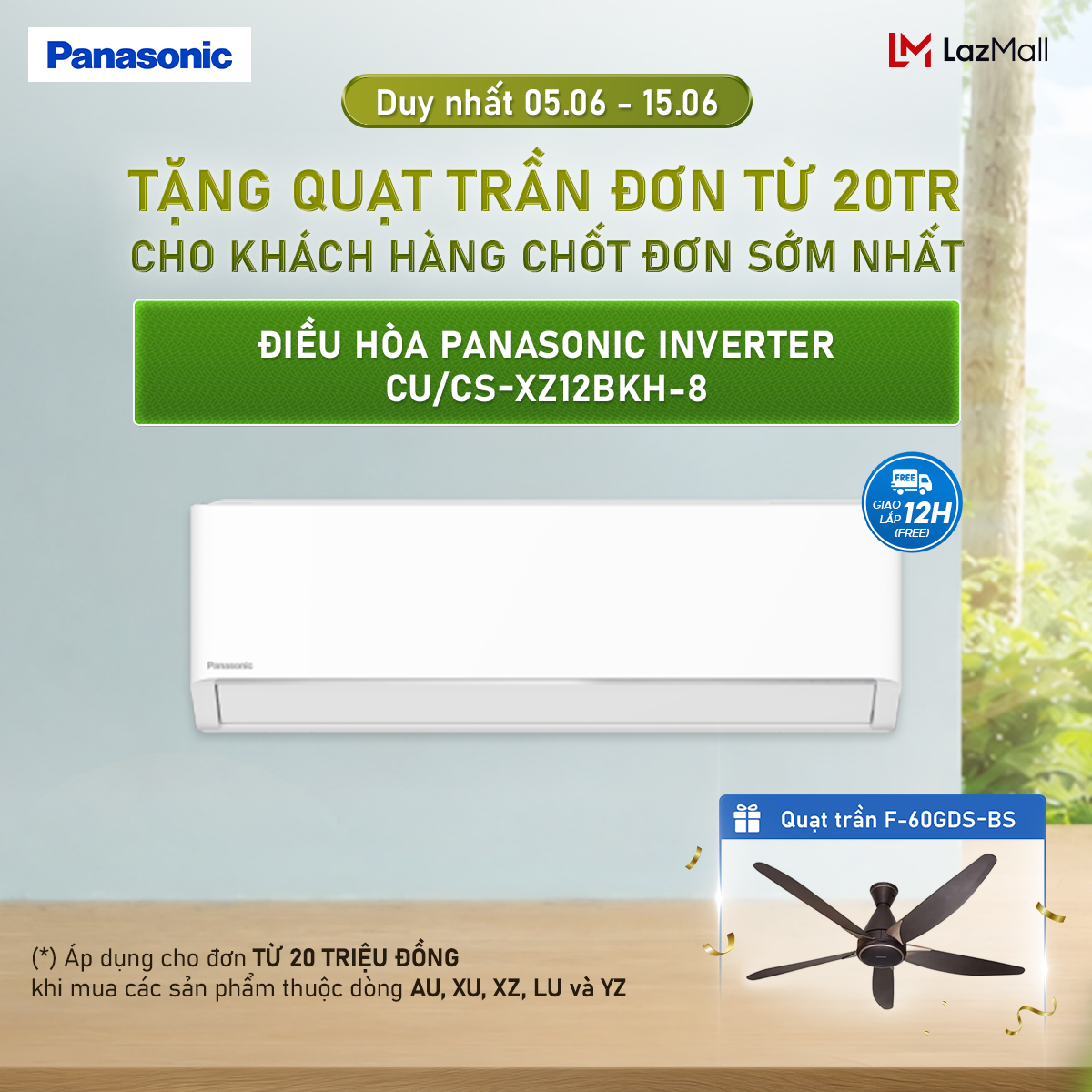 [CHỈ GIAO MIỀN BẮC] [Trả góp 0%] [Chỉ giao miền Bắc] Máy lạnh/Điều hòa Panasonic Inverter CU/CS-XZ12BKH-8 - 1.5HP - Hai chiều - Eco AI - Lọc sạch không khí NanoeX - Wifi - Hàng chính hãng