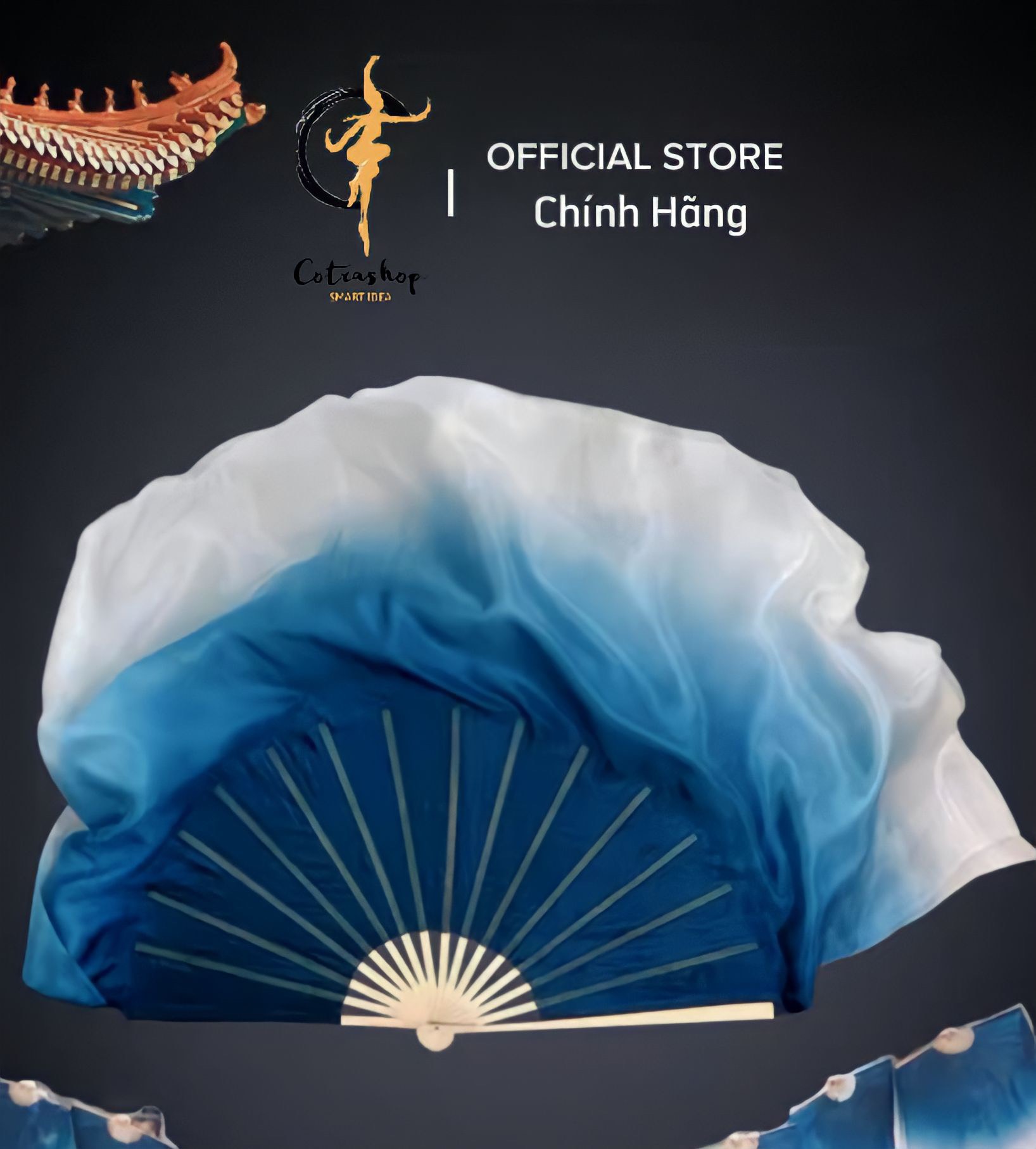 Quạt lụa ngắn cotrashop 36/50 múa cố trang, chụp hình màu xanh