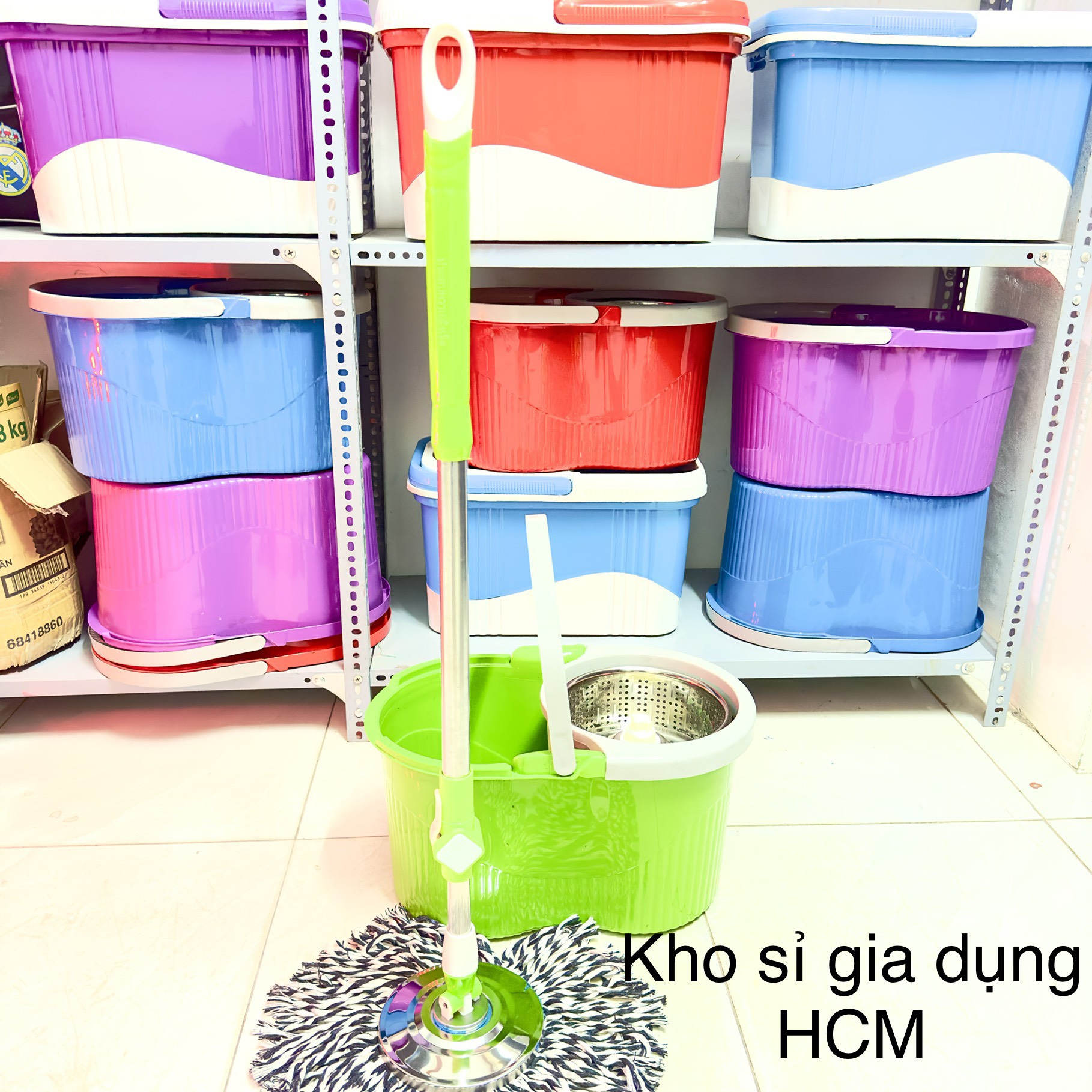 Thùng lau nhà, Bộ lau nhà thông minh 360 độ lồng vắt inox, cây inox đường kính cây 25mm