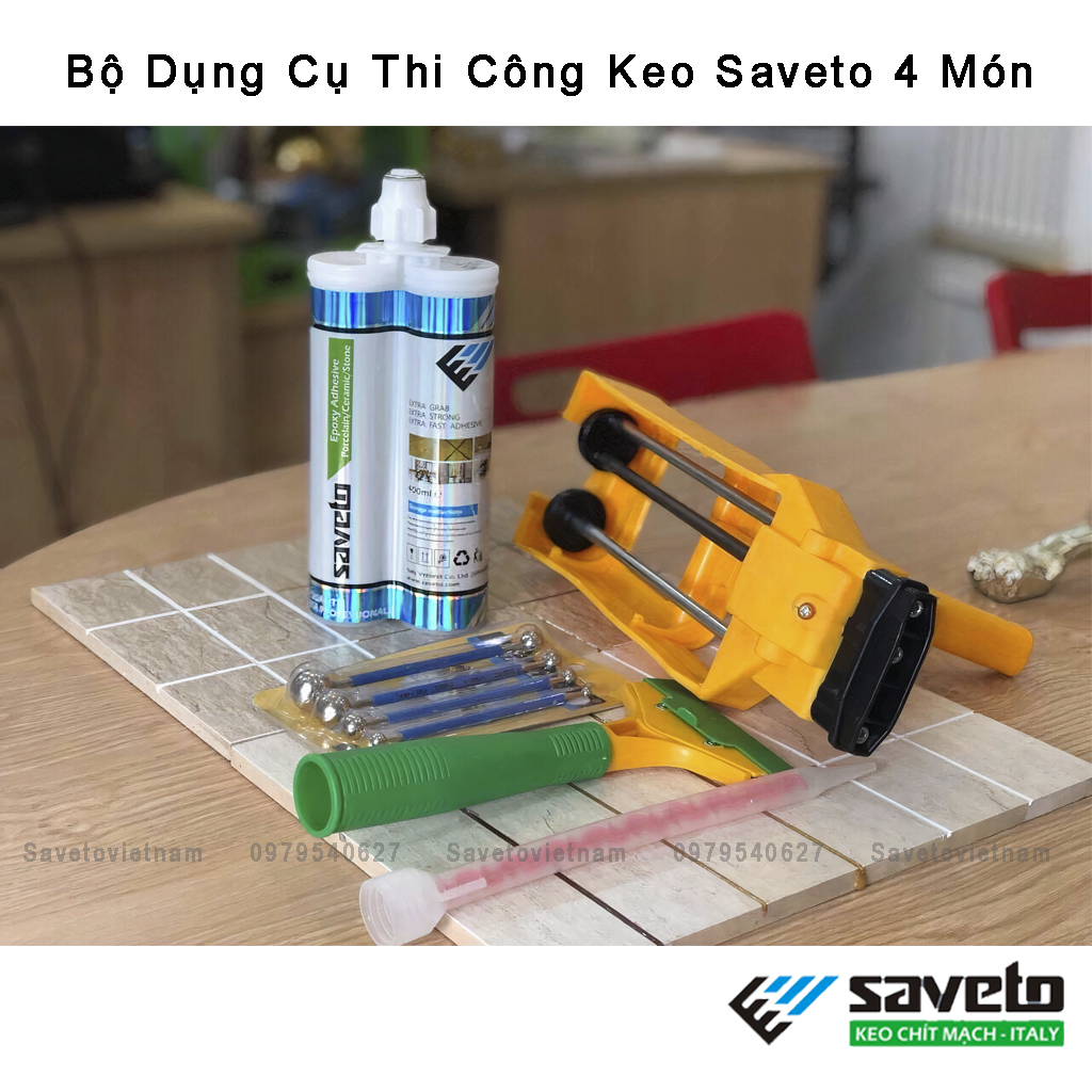 Combo bộ thi công keo chà ron Saveto 4 món (Chống Rêu Mốc - Bụi Bẩn 100%)