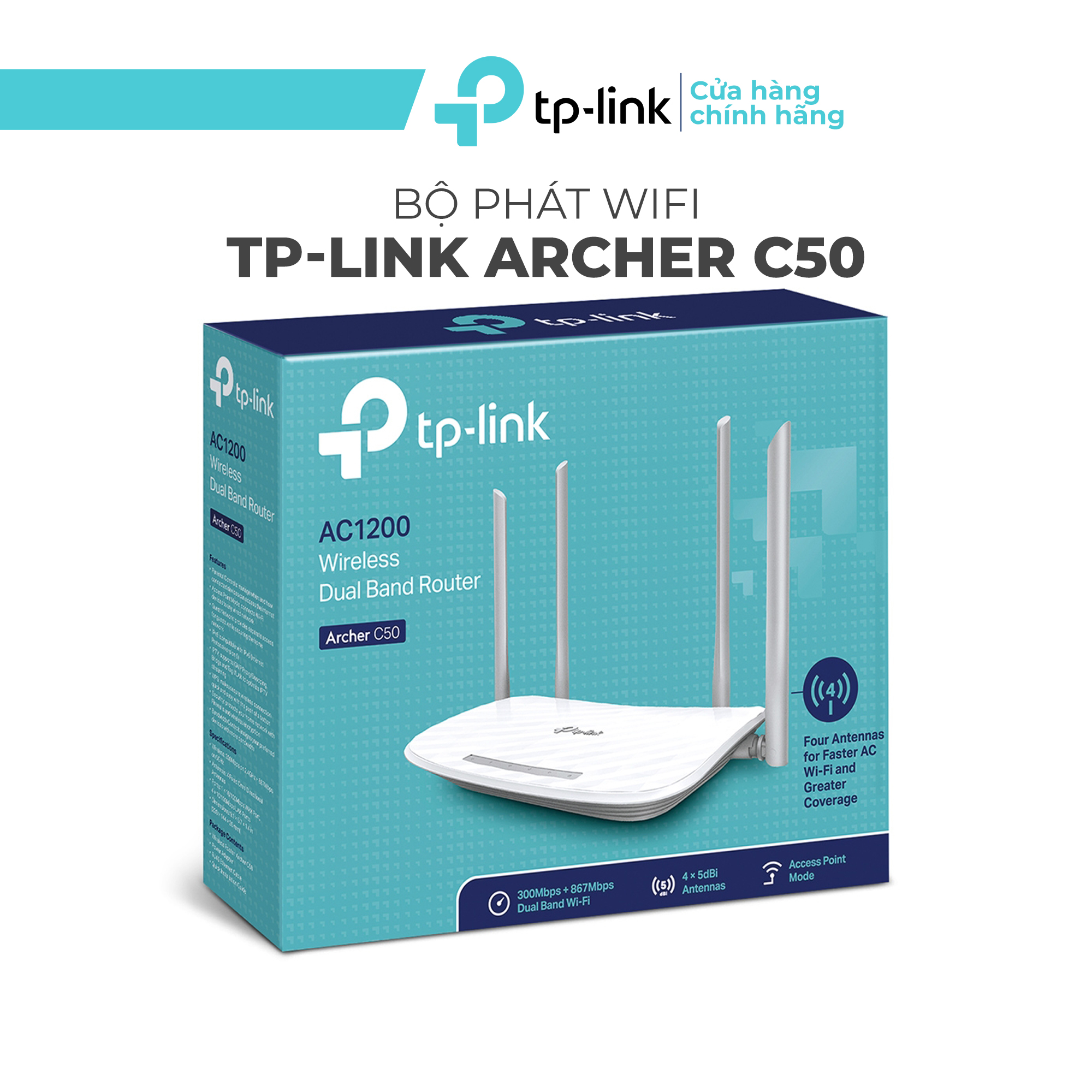 Bộ phát wifi TP-Link Archer C50 - Router wifi Băng Tần Kép AC1200 mbps, 4 ăng ten phủ sóng siêu rộng, công nghệ MU-MIMO giảm lag, giao diện tiếng việt dễ dàng cài đặt