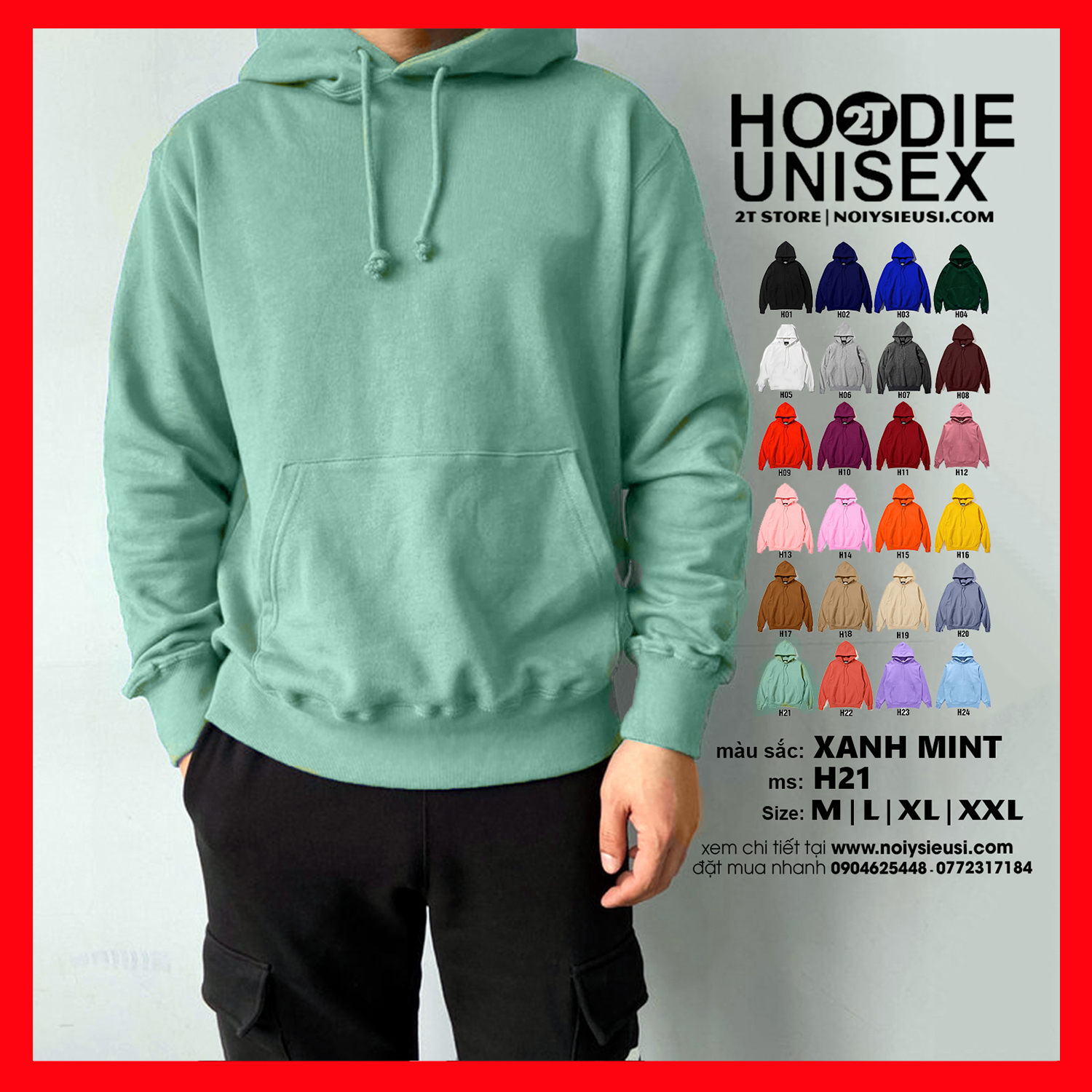 [4.4 HOÀN TIỀN 15%][HCM]Áo Hoodie Unisex 2T Store H21 Màu Xanh Mint - Áo Khoác Nỉ Chui Đầu Nón 2 Lớp Dày Dặn