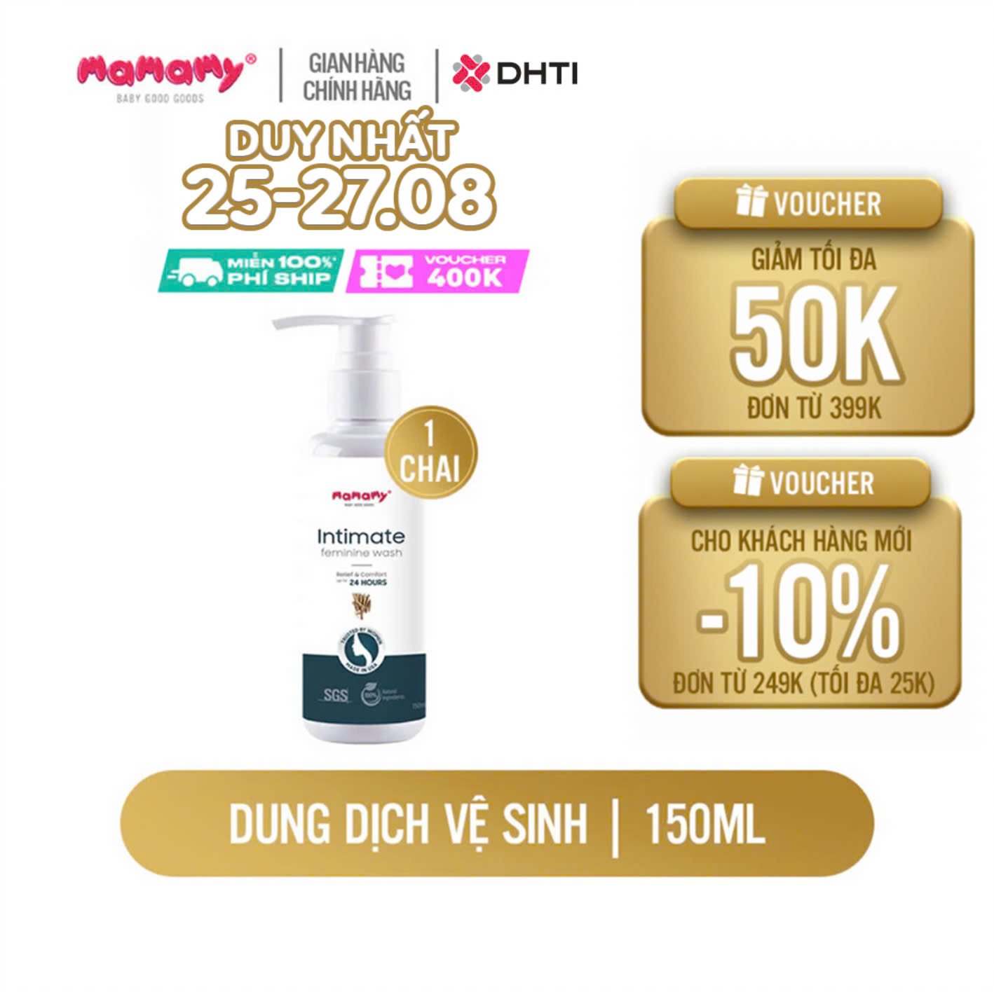 Dung dịch vệ sinh phụ nữ Mamamy 150ml thành phần hữu cơ hỗ trợ dưỡng ẩm, khử mùi, tạo hương dịu nhẹ, cân bằng Ph