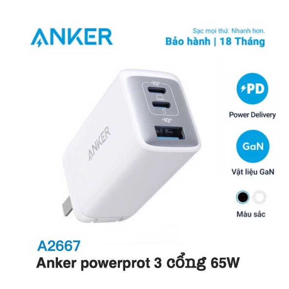 Sạc anker 735 65w nano ii - a2667 với 2 cổng type c và 1 usb trắng
