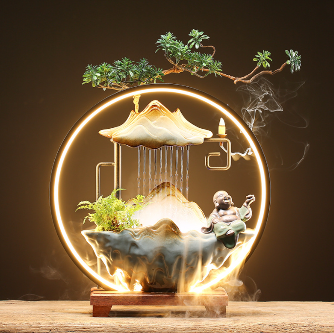 Thác Khói Trầm Hương Đèn Led Phật Di Lặc, Thác Trầm phong thủy Cao Cấp kèm đày phun nước tự động