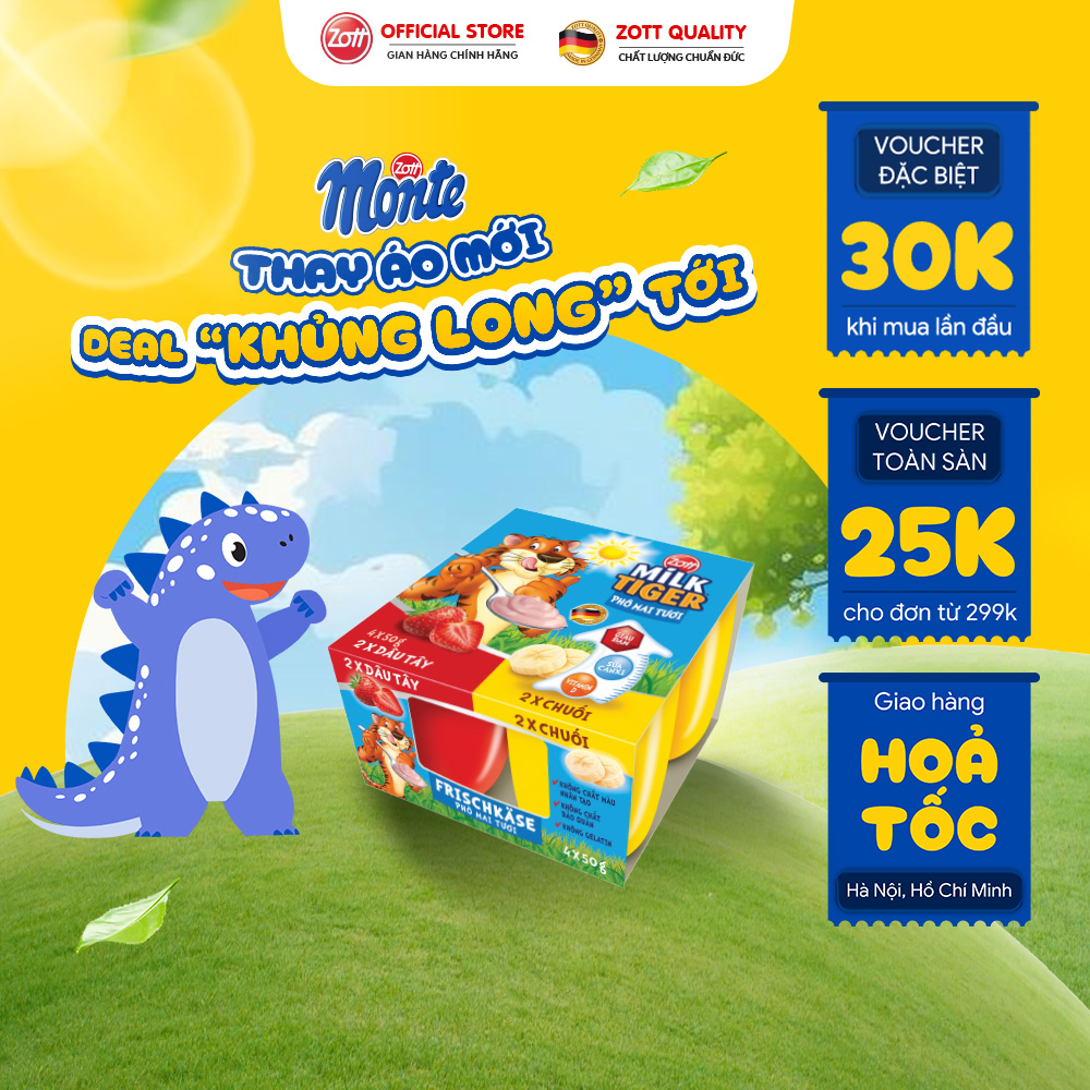 Giao Hoả tốc  - Phô mai tươi Zott Milk Tiger vị Dâu - Chuối nhập khẩu từ Đức (vỉ – 50g x 4 hũ), có bộ đôi Canxi - Vitamin D