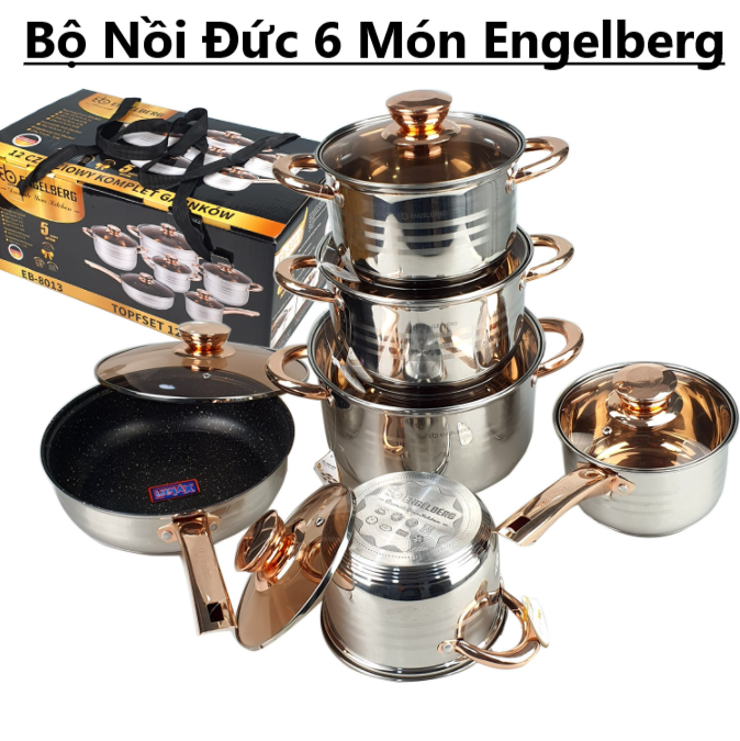 ( GIẢM 50% ) Bộ Nồi Đức 6 Món Engelberg , 12 Chi Tiết , Inox Không Gỉ , Kèm Nắp Kính Cao Cấp , Công Nghệ Tiên Tiến , Dùng Cho Mọi Loại Bếp ( BẢO HÀNG 12 THÁNG )