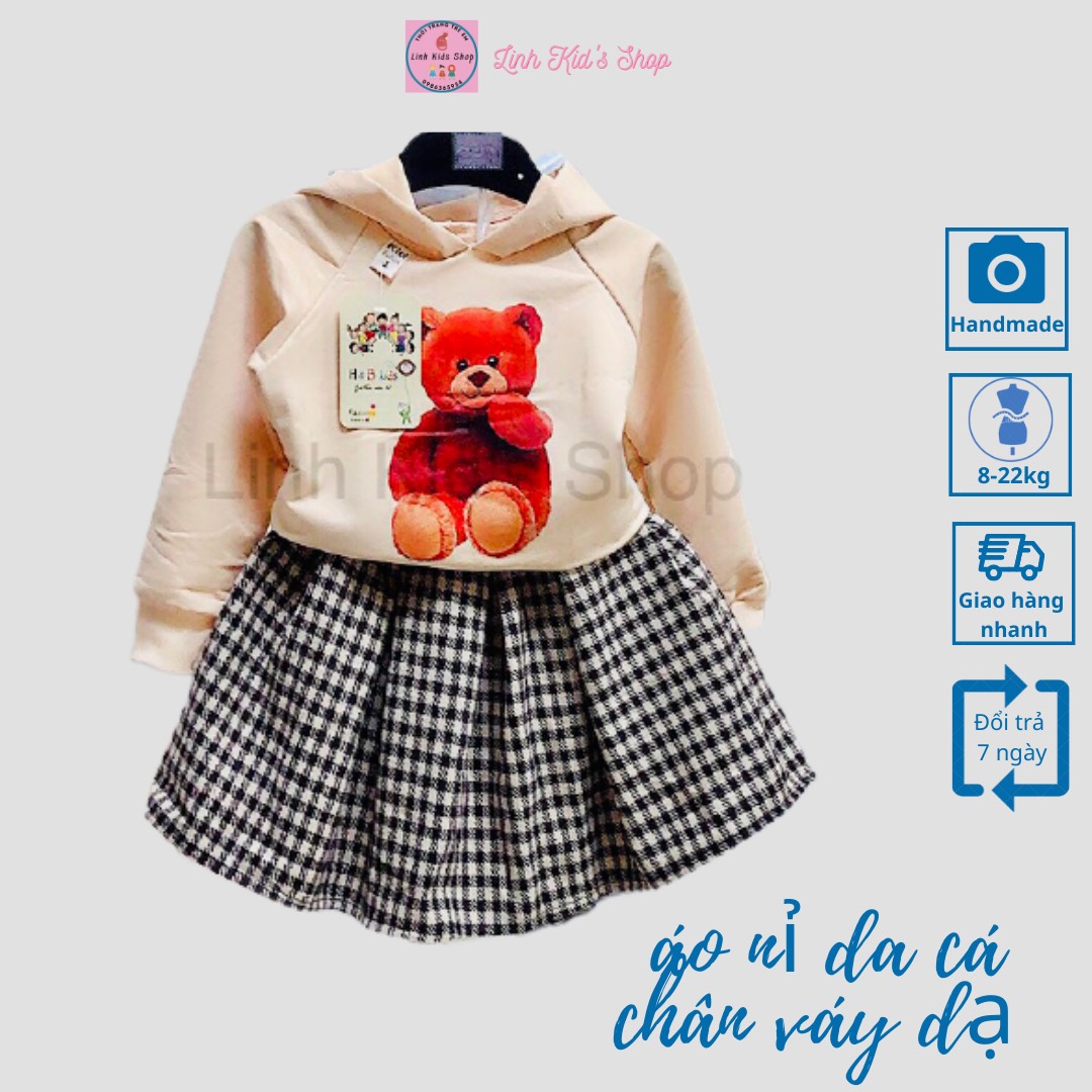 Sét chân váy dạ kèm áo hoodie nỉ da cá cho bé gái 8-22kg