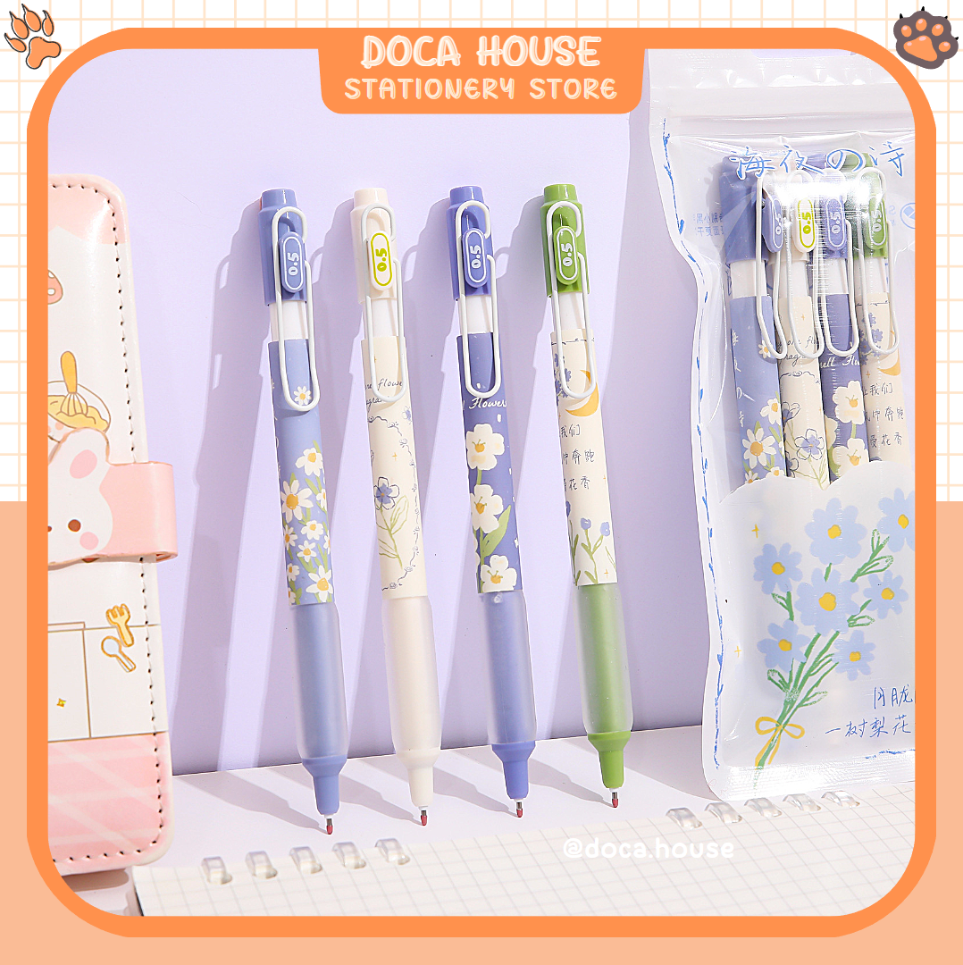 Set 4 bút gel mura mực đen little daisy mực nhanh khô ngòi 0.5mm họa tiết hoa cúc dễ thương