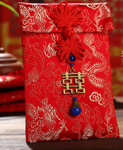 [HCM]Bao lì xì gấm cao cấp chữ hỷ đính đá xanh 19x11cm